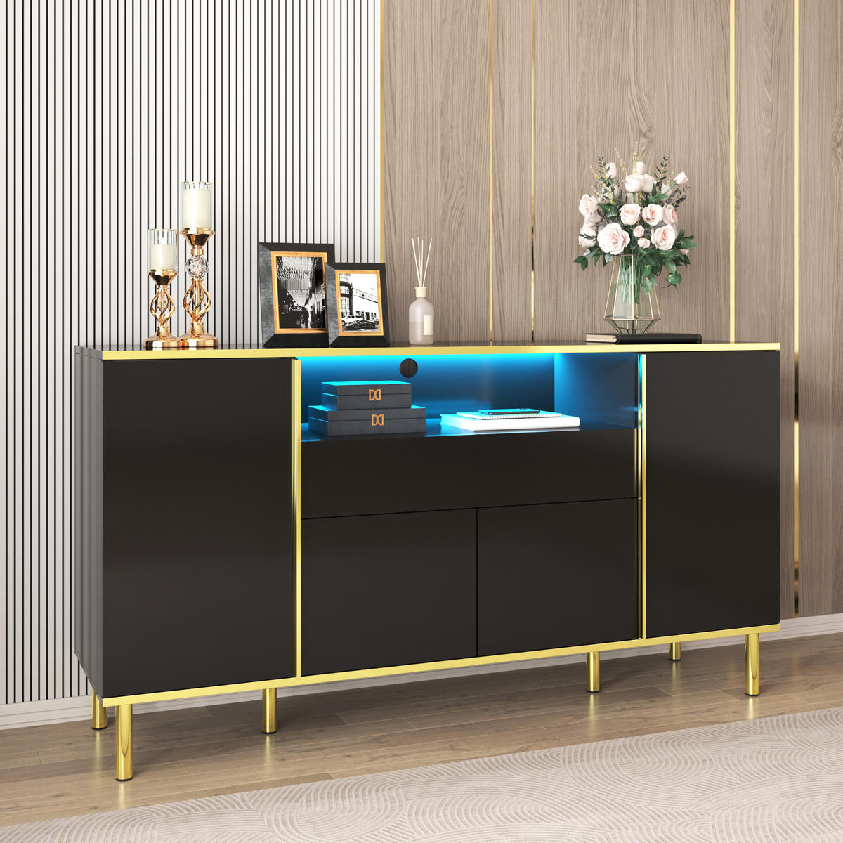 SIDEBOARD 150x40x80cm Schwarz Hochglanz Mit 1 Schublade - Schwarz, Holzwerkstoff (40/80/150cm) - FLIEKS