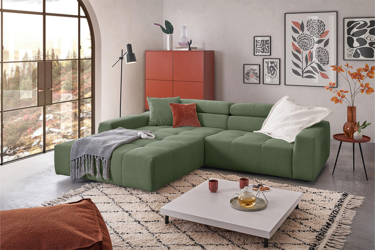 ECKSOFA MIT MOTORISCHEM SITZVORZUG RENO Grün Cord - Schwarz/Grün, Kunststoff/Textil (258/217cm) - KAWOLA