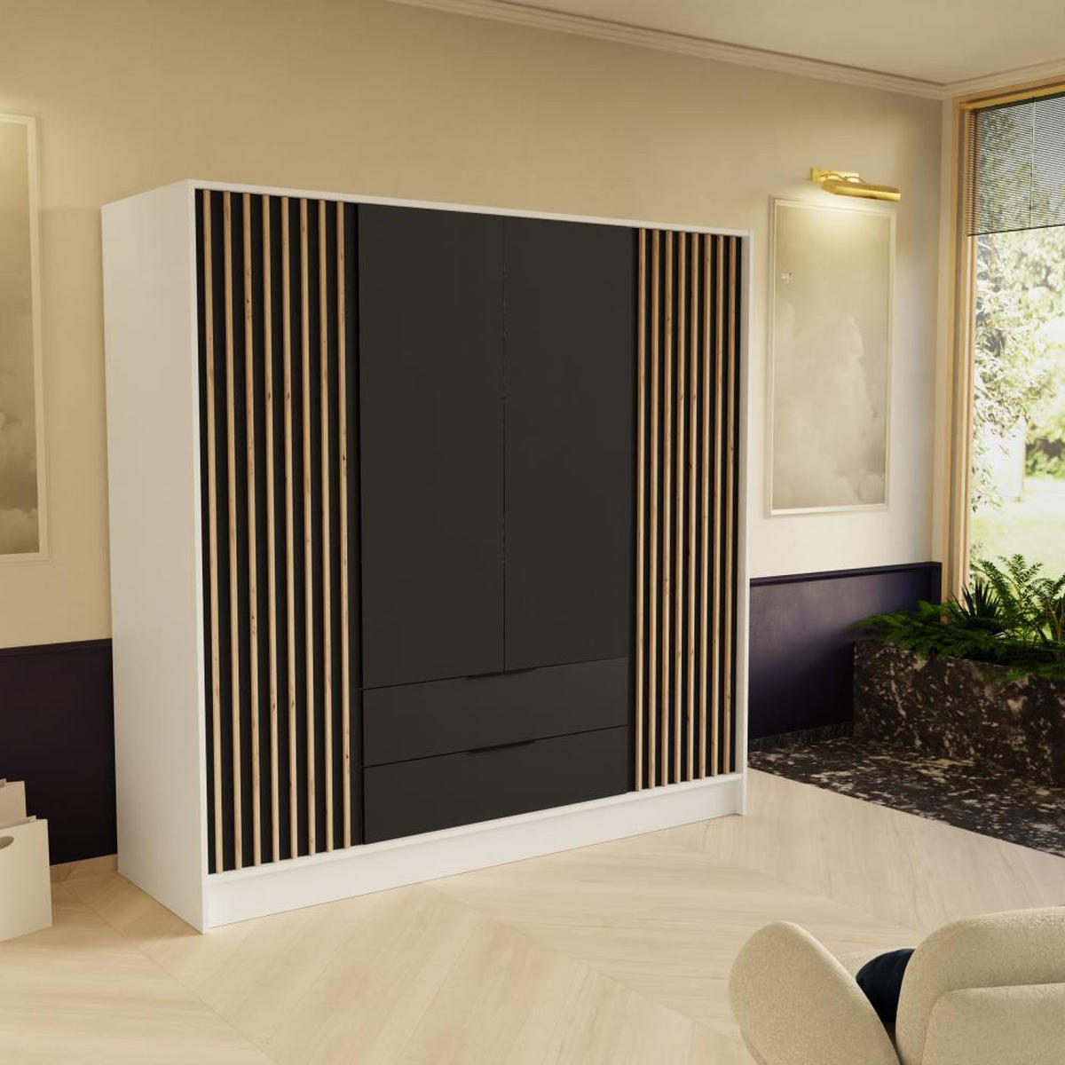 DREHTÜRENSCHRANK Nero 200/51/200 cm mit Lamellen weiß+schwarz - Schwarz/Weiß, Holzwerkstoff (200/200/51cm) - Beautysofa