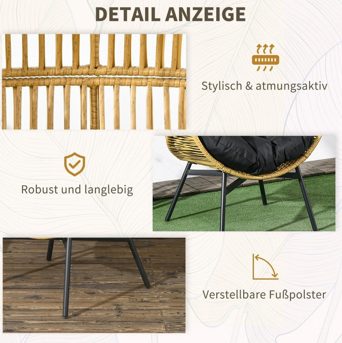 GARTENSTUHL aus Rattan 89x75x143 cm Sand mit Komfortkissen und verstellbaren Füßen - Beige, Holzwerkstoff (75/143/89cm) - Modfu