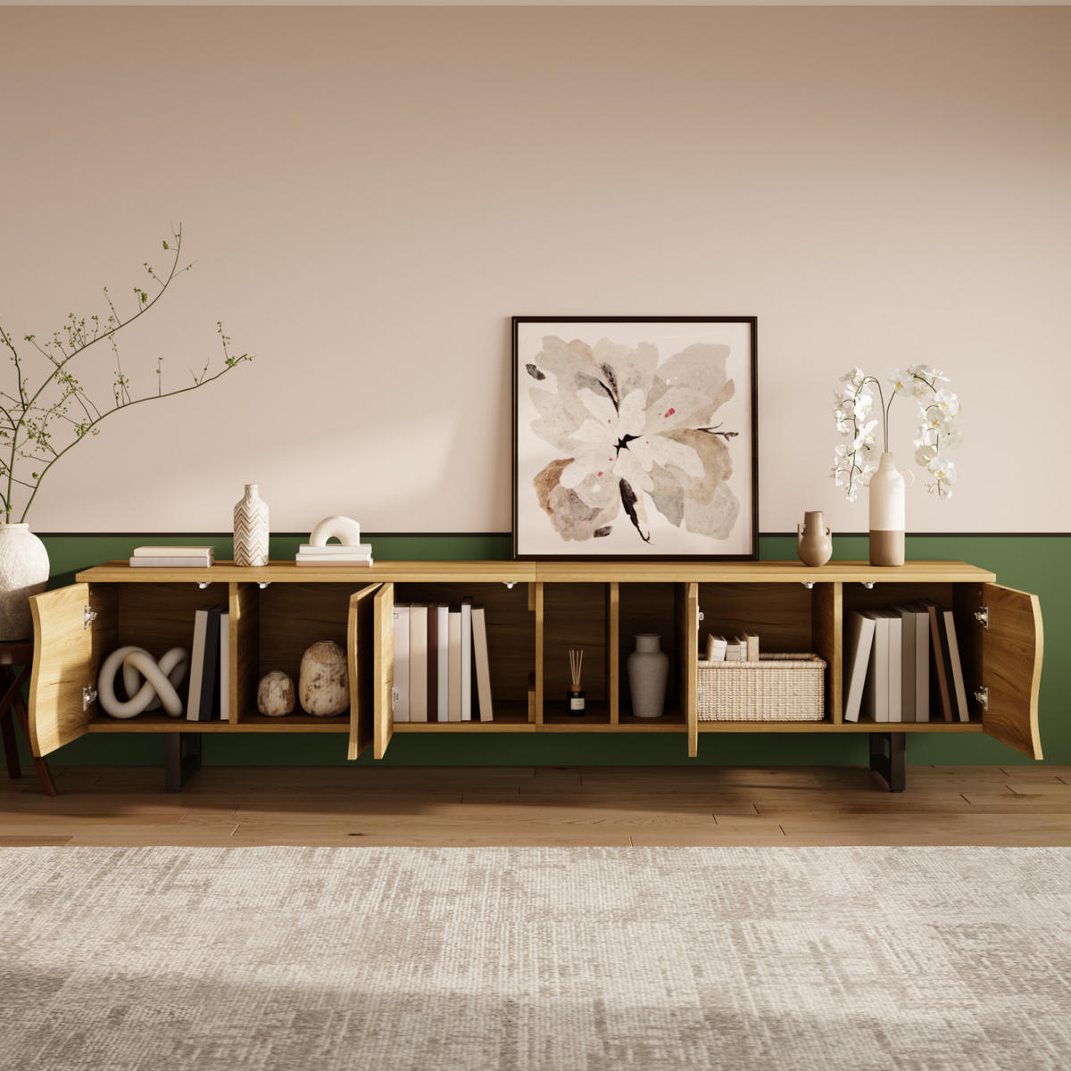 TV Lowboard 191x38x46,5 cm, 5 Türen, Natur - Braun, Holz (191/33/38cm)