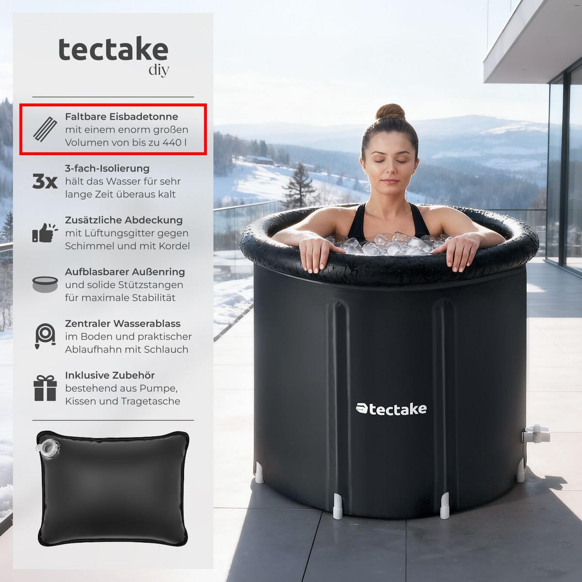 EISBADETONNE Helsinki,inkl. Tragetasche, Pumpe und Wasserkissen,schwarz - Schwarz, Kunststoff (90/75/90cm) - tectake