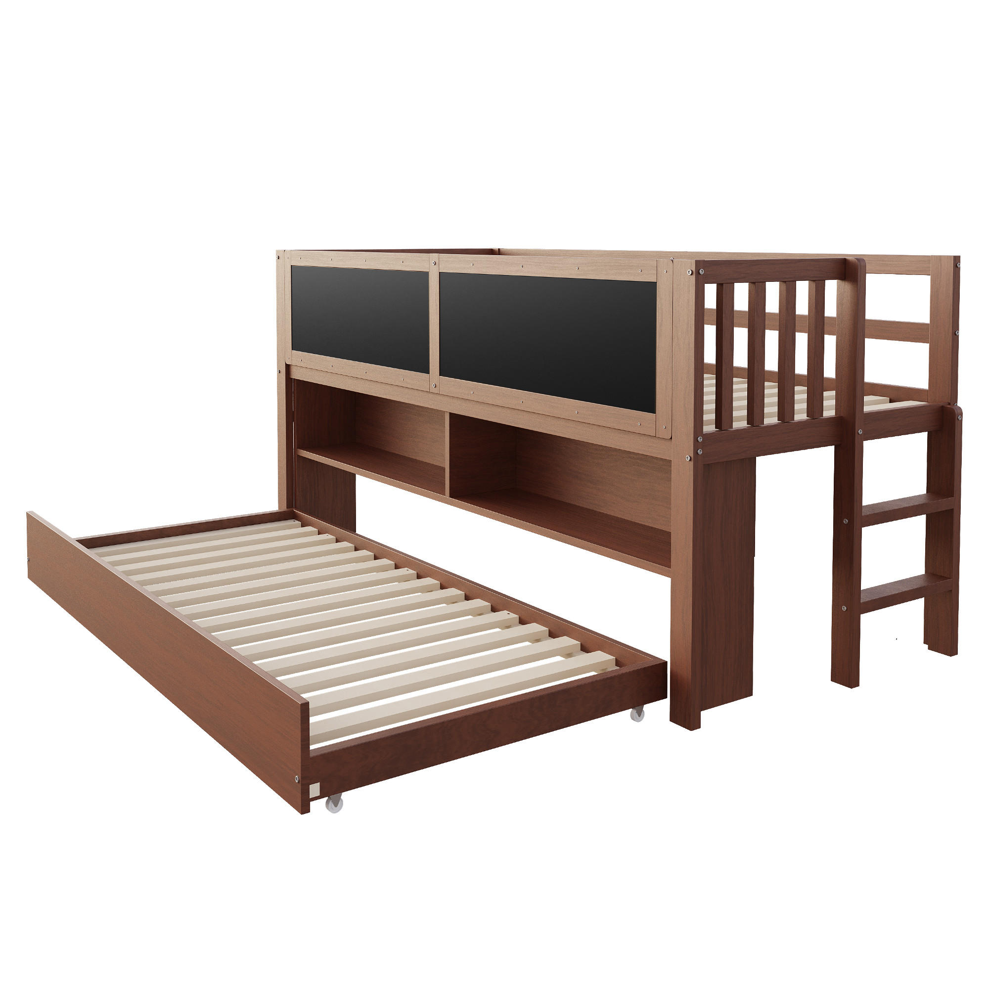 AUSZIEHBETT 90/200 cm DE-01482, in Braun, mit Graffiti-Tafel, offenem Stauraum und Kletterleiter - Braun, Holz (90/200cm) - ComfortXL