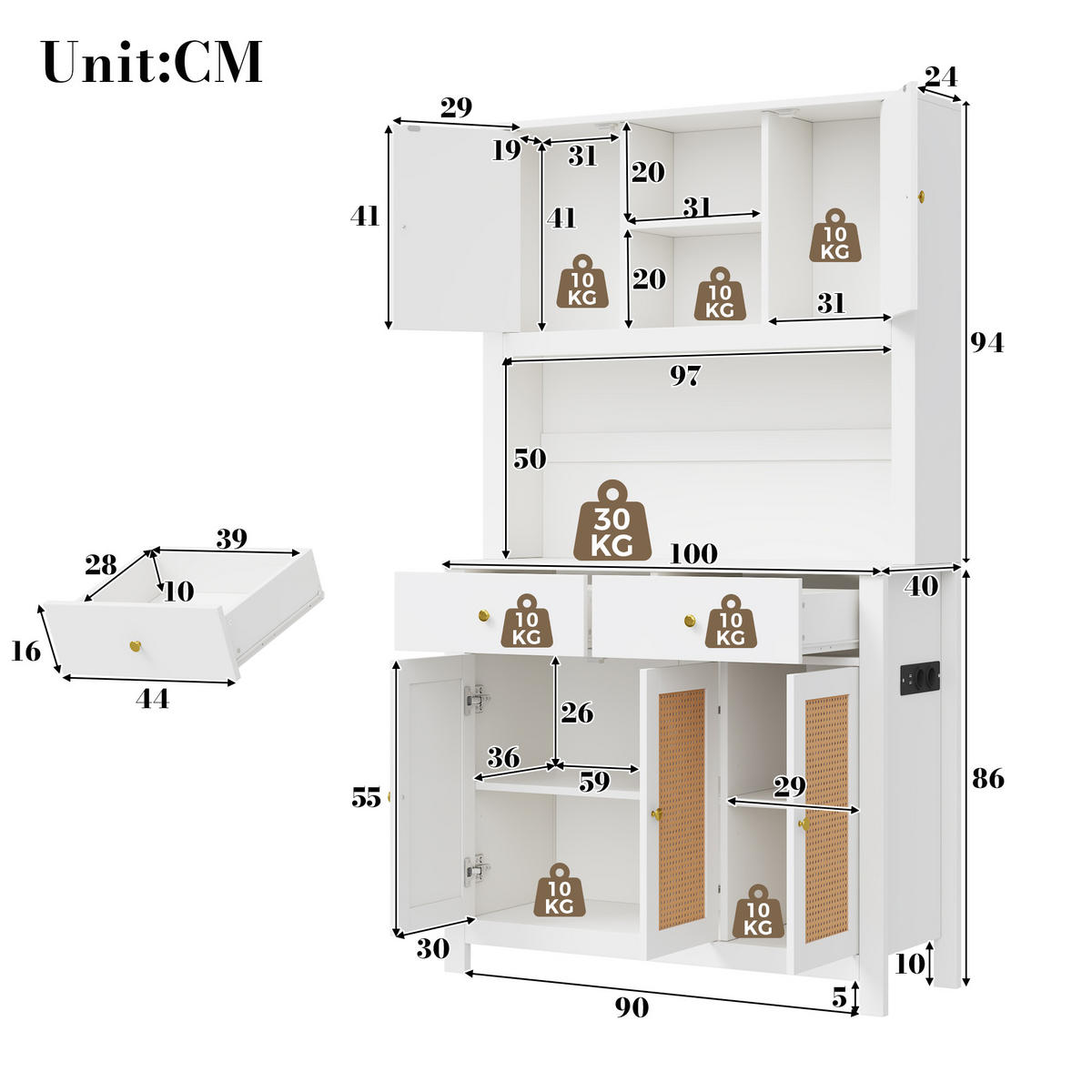BUFFET DE-38637 100/40/180 cm LED-Beleuchtung und 5 Rattantüren Weiß - Weiß, Holzwerkstoff (100/180/40cm) - ComfortXL