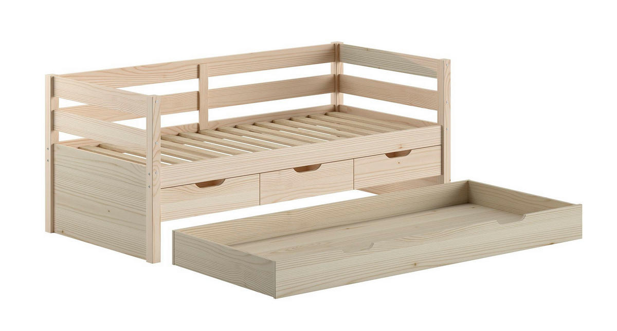 KOJENBETT Kelda 90x200 mit Bettschublade Kiefer Massivholz Milky Pine - Weiß, Holz (90/200cm) - 58aufmkessel