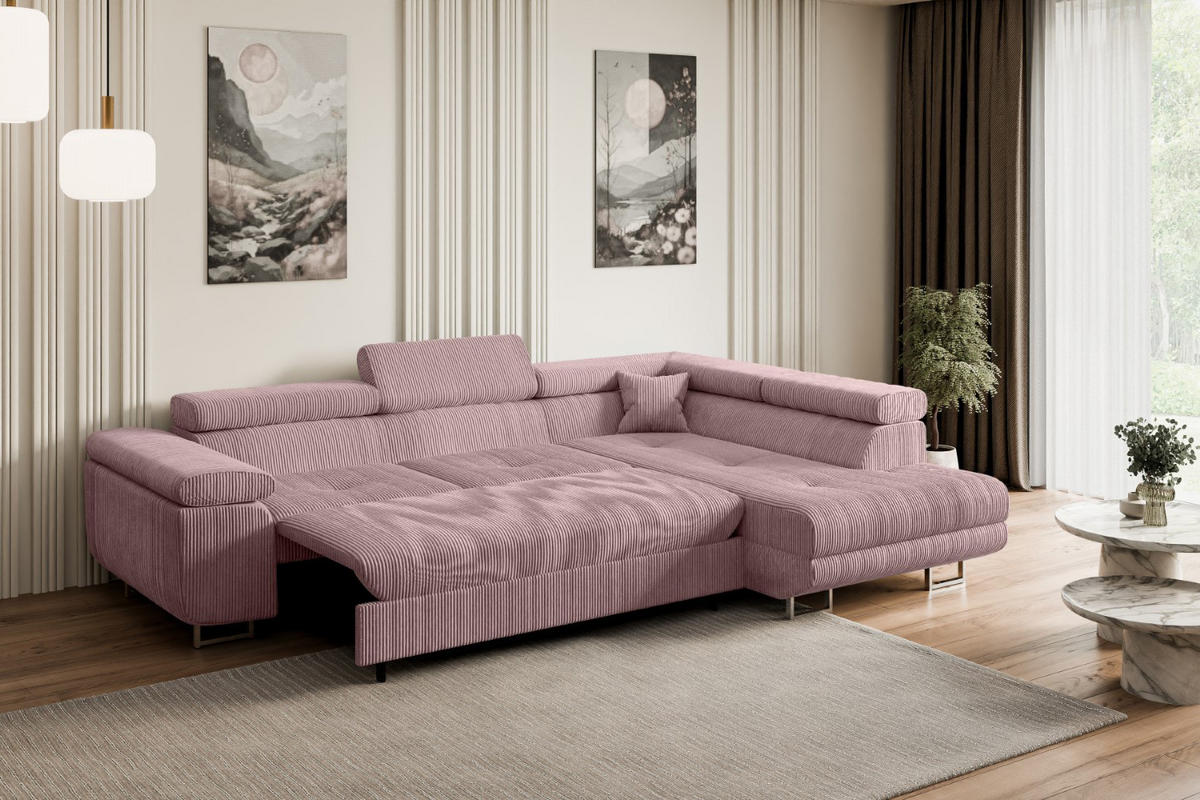 ECKSOFA mit Schlaffunktion und Bettkasten GUSA-L 272x202x107 cm Rosa Cord - Silberfarben/Rosa, Holzwerkstoff/Textil (272/202cm) - ALTDECOR