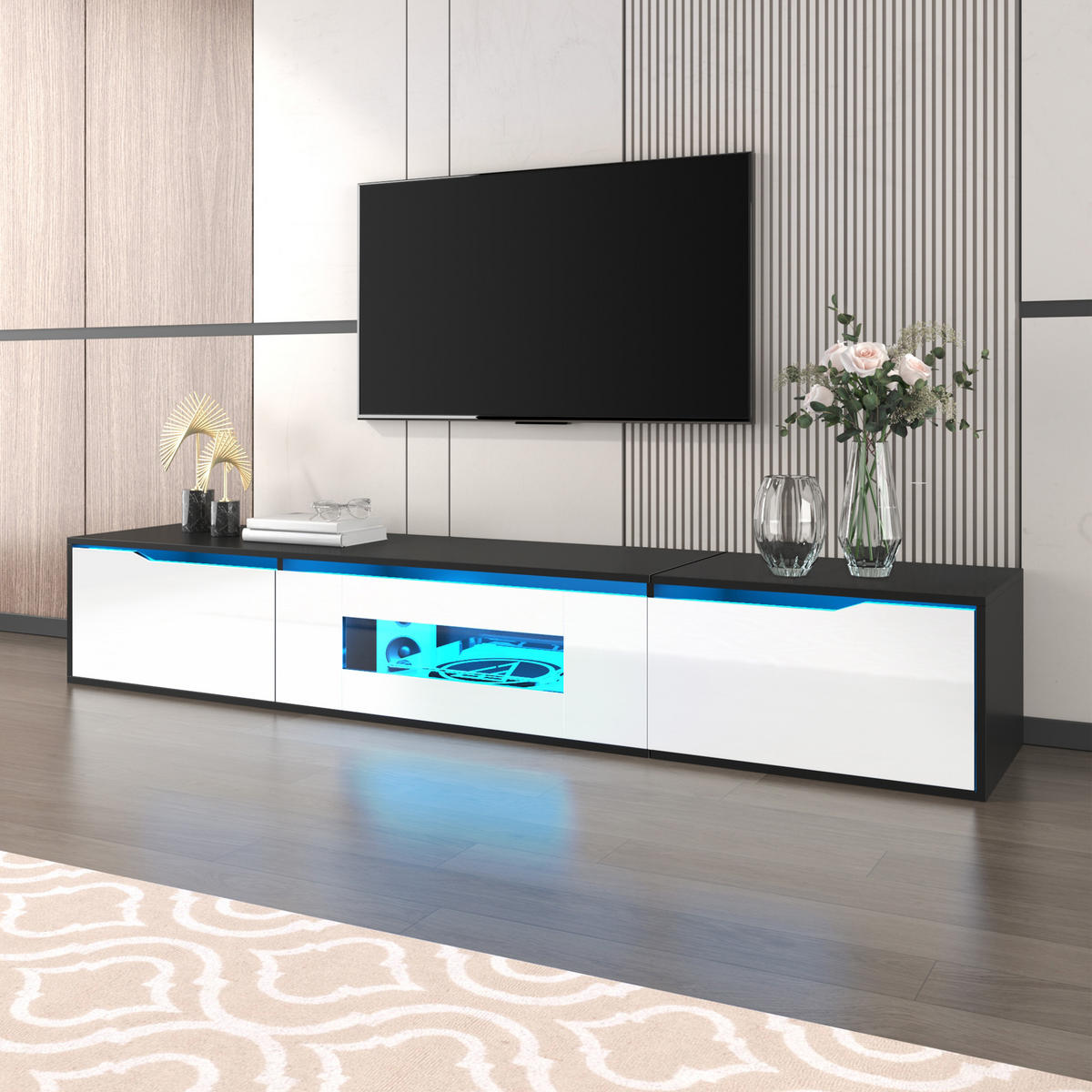 TV LOWBOARD 180cm Hochglanz Schwarz Weiß LED USB Farbwechsel modern - Schwarz, Holzwerkstoff (35/30/180cm) - FLIEKS