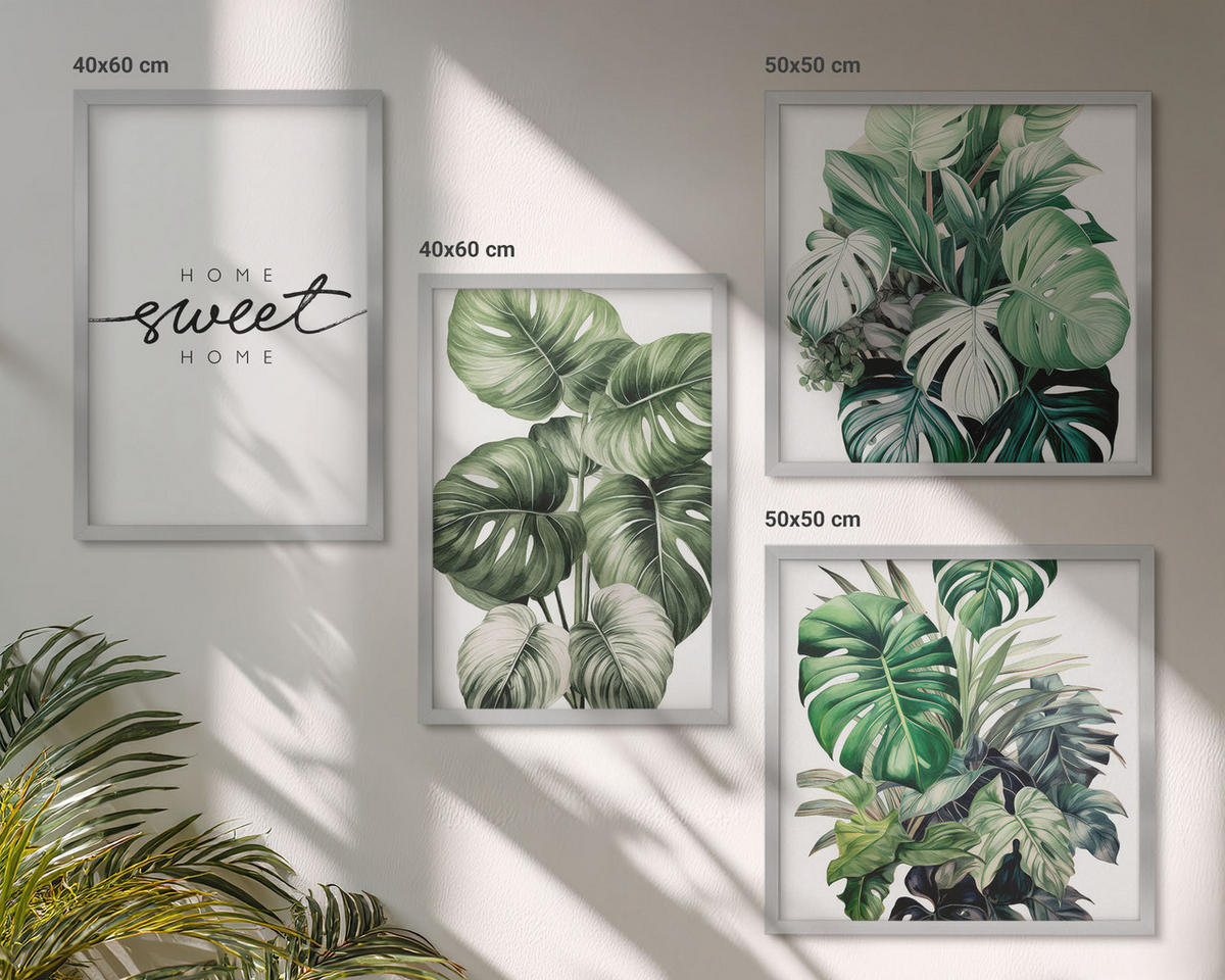 BILDER SET 4er Set - 50x50 cm & 40x60 cm Silberner Rahmen - Sweet Home Green Plants - Silberfarben, Kunststoff (50/50cm) - TULUP