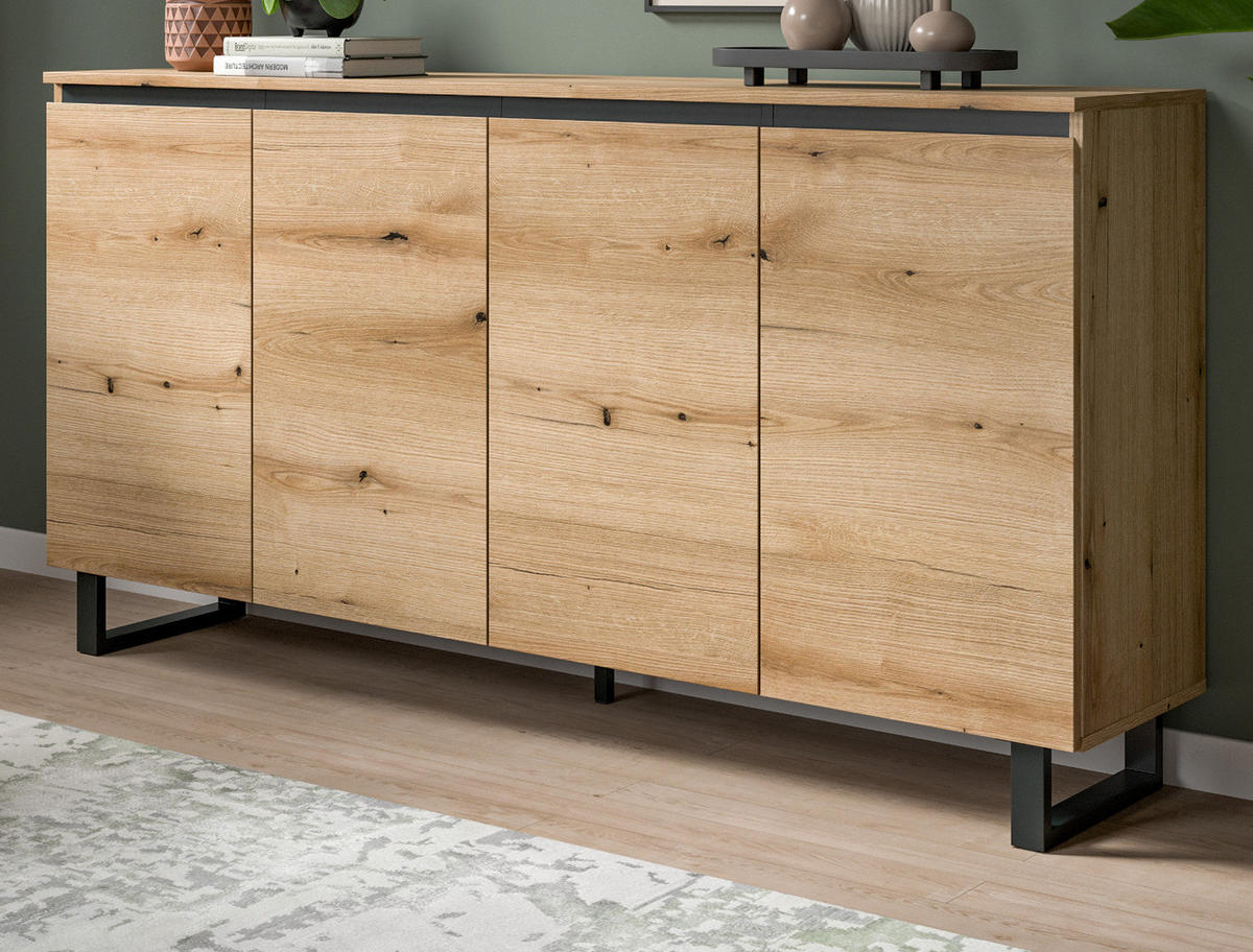 SIDEBOARD Evoke Eiche mit schwarz, Kommode 160 x 84 cm mit Soft-Close, Gelia - Eichefarben/Schwarz, Holzwerkstoff/Metall (160/84/36cm) - Inn.Furn