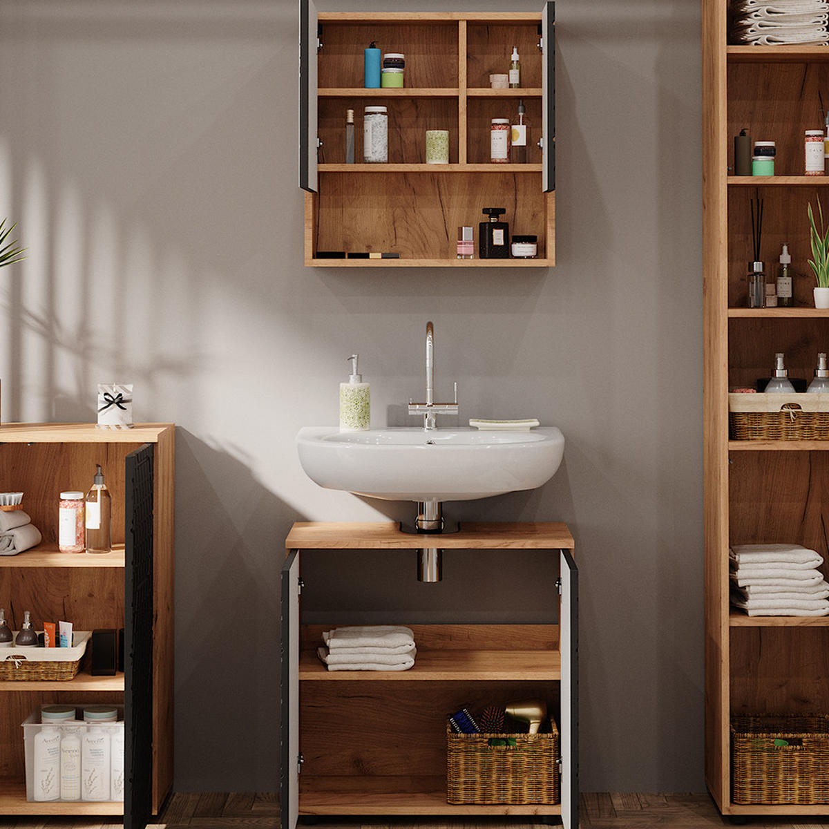 BADMÖBEL-SET Irma Anthrazit gestreift 4 Teile mit Hochschrank und Kommode - Honigeiche/Anthrazit, Holzwerkstoff (80/58.6/41cm) - Vicco