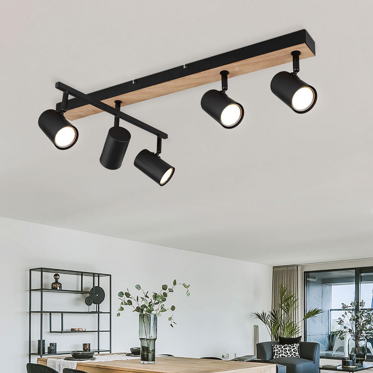 LED DECKENLEUCHTE Metall Schwarz Holzoptik 5-flammig - Schwarz, Metall (70/35/18cm) - Globo Lighting