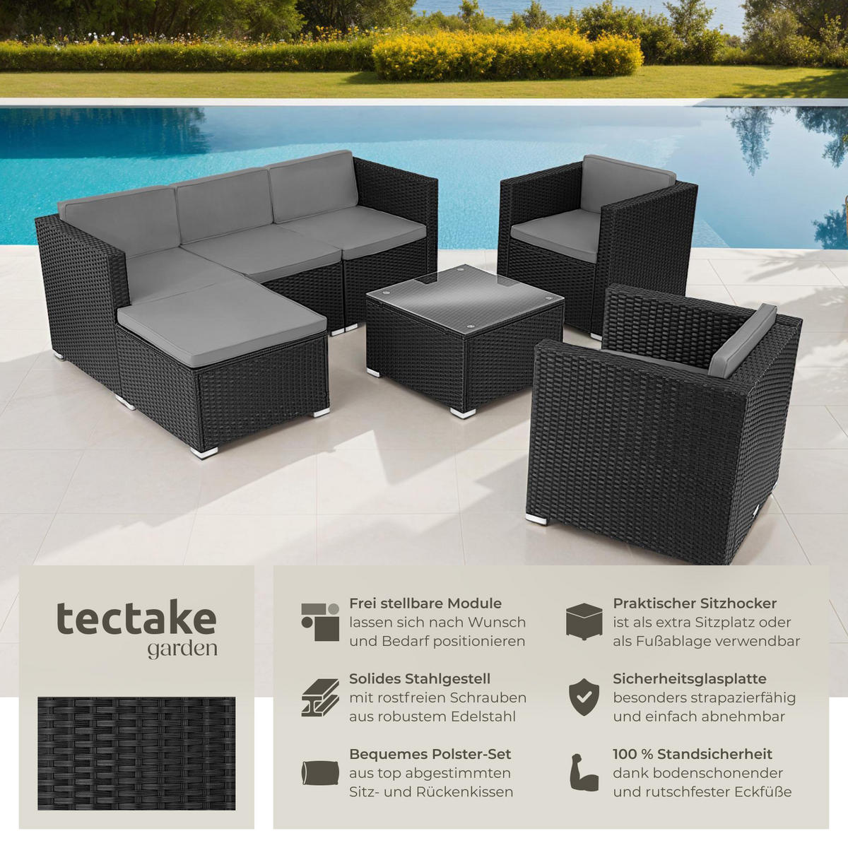 RATTANLOUNGE Lignano,variabel aufstellbar,schwarz - Schwarz, Kunststoff - tectake