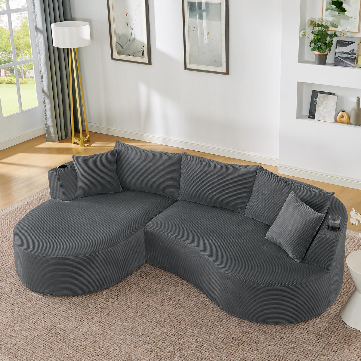 3-SITZER ECKSOFA Cord Grau mit Getränkehaltern und Kissen - Grau, Textil (264/168cm) - WISHDOR