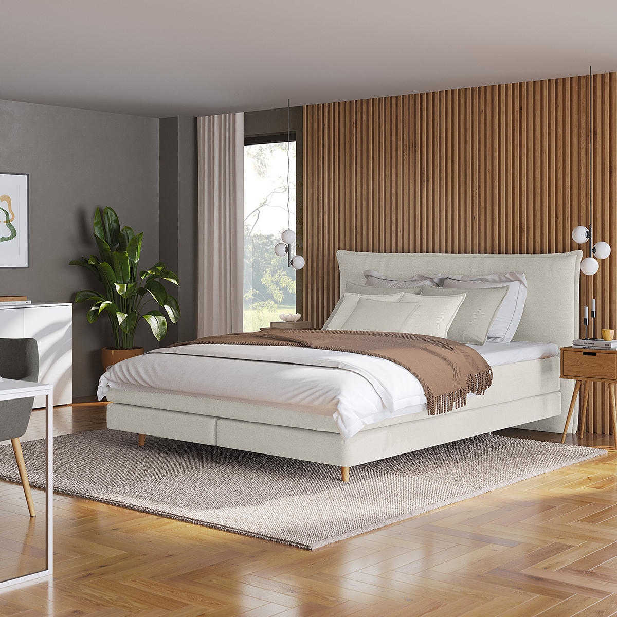 BOXSPRINGBETT - Klassisch - Platinfarben, Holz (180/200cm) - home24