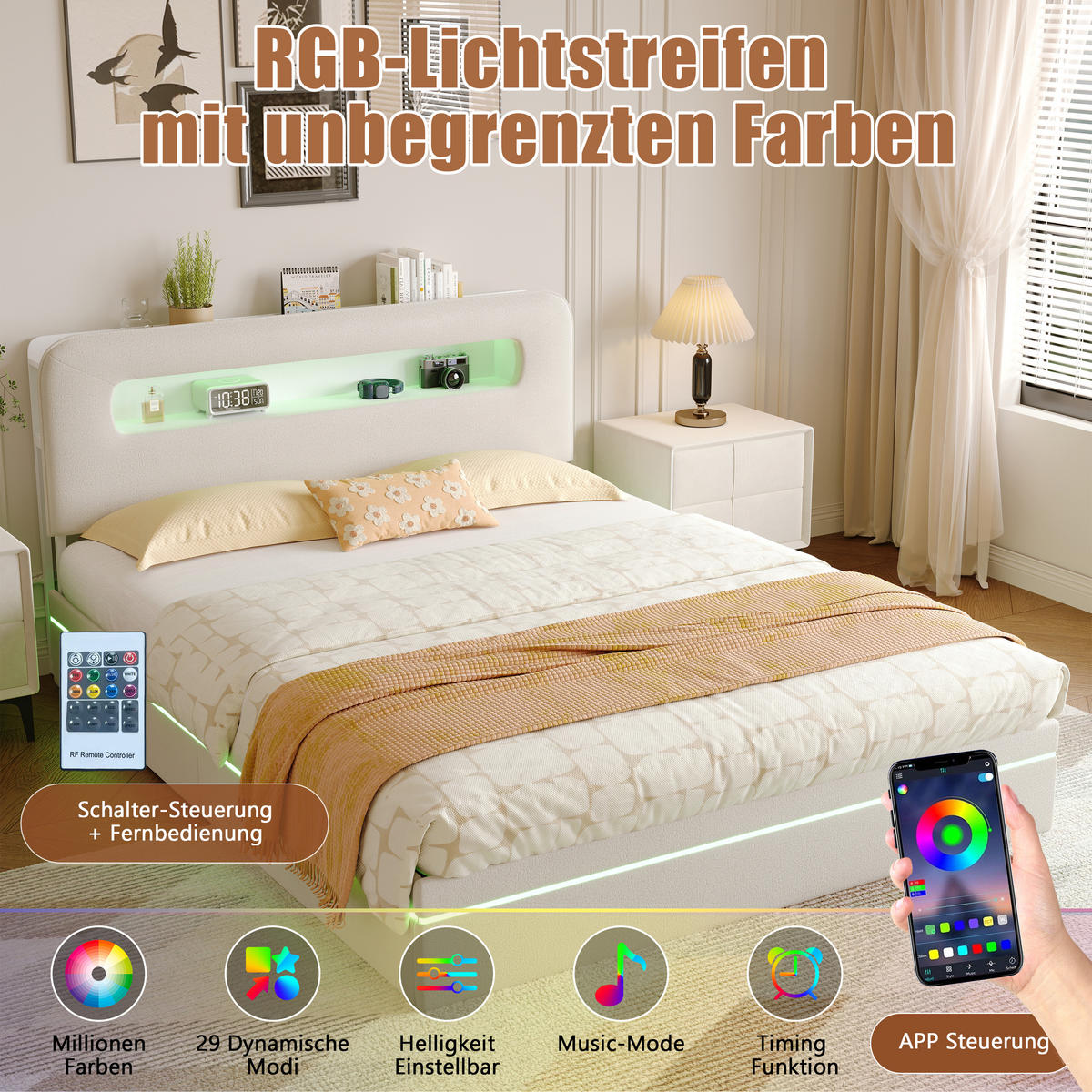 POLSTERBETT 140/200 cm Beige mit hydraulischem Stauraum, LED-Kopfteil mit Ablage und USB-Anschluss - Beige, Metall (140/200cm) - EuroLiving