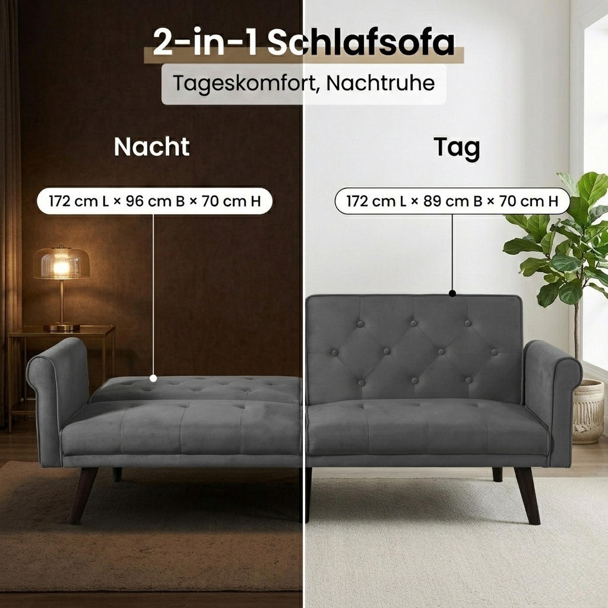 SCHLAFSOFA 150/89/70 cm in Grau Samt mit Verstellbarer Rückenlehne - Grau, Textil (172/70/89cm) - Oxeza