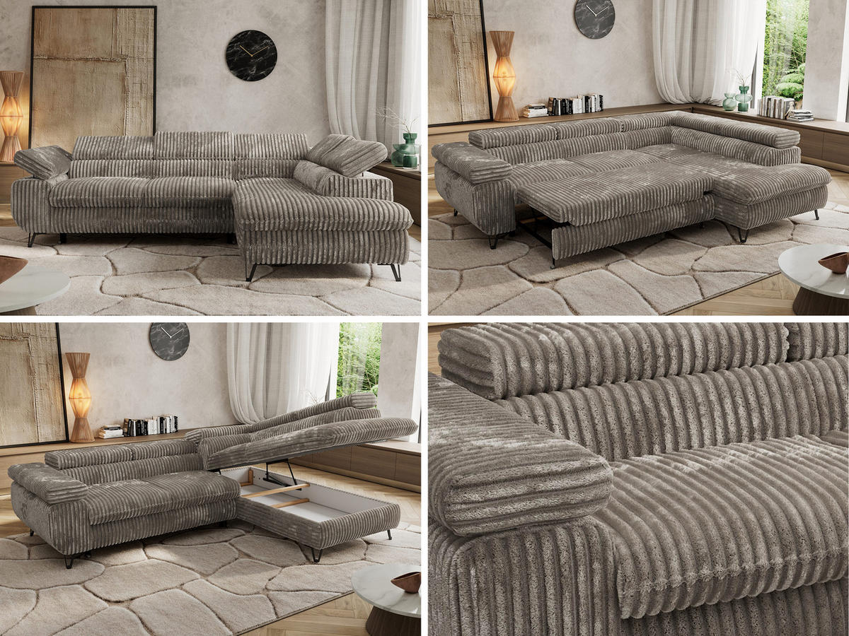 ECKSOFA PABLO L Grau Cord - Rechts Seite mit Visco Topper - Schwarz/Grau, Textil/Metall (273/208cm) - MKS