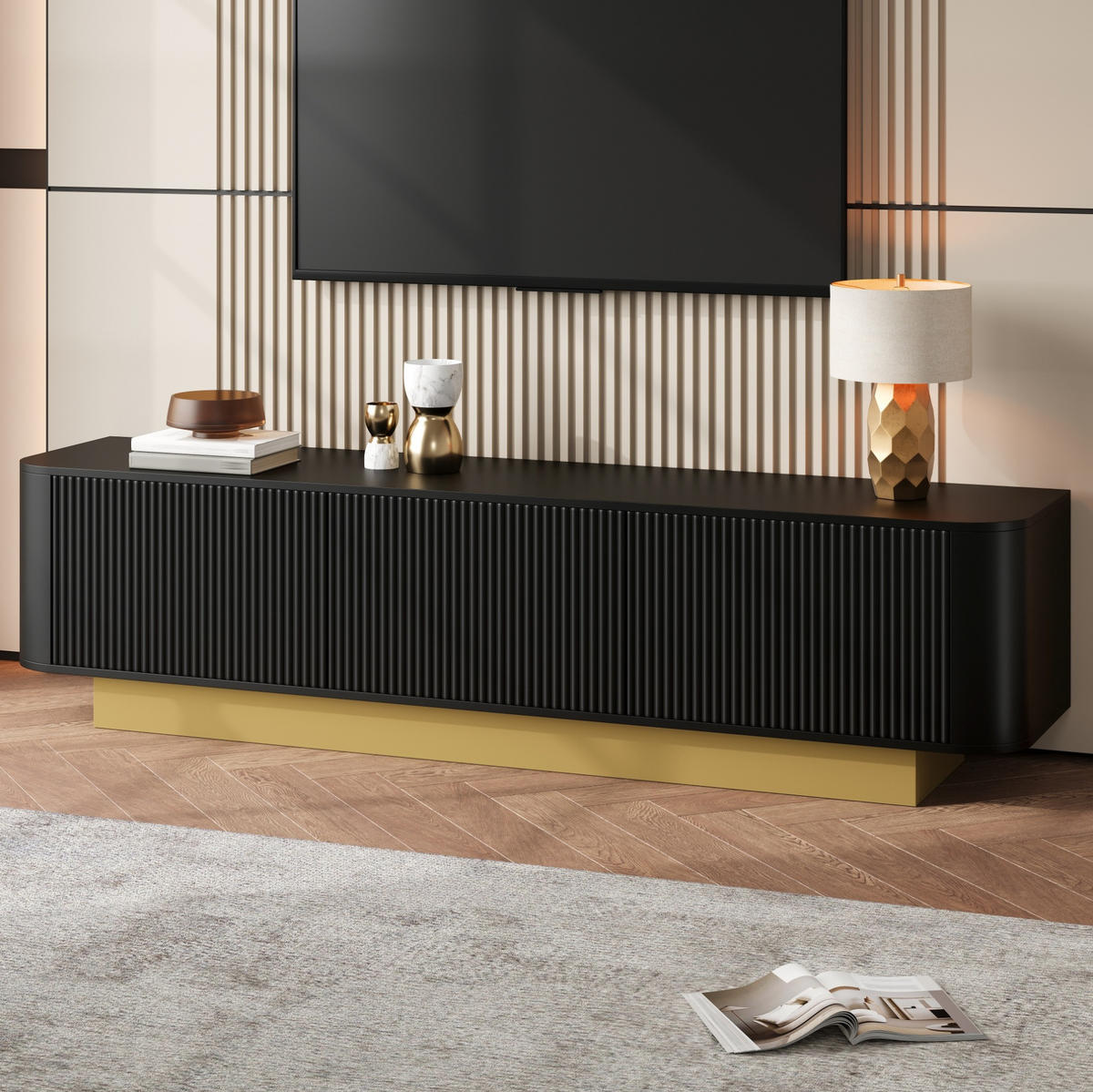 TV-LOWBOARD aus MDF und Spanplatte 170x40,5x47 cm Schwarz mit Kabelmanagement und 3 Türen - Schwarz, Holzwerkstoff (170/47/40.5cm) - Modfu
