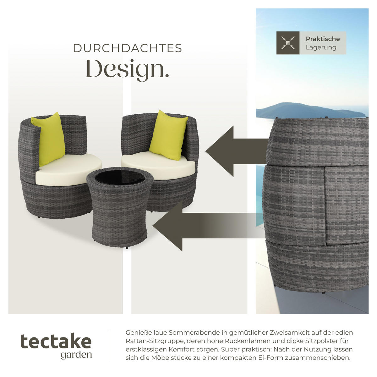 RATTAN SITZGRUPPE Nizza,stapelbar,grau - Grau, Kunststoff - tectake