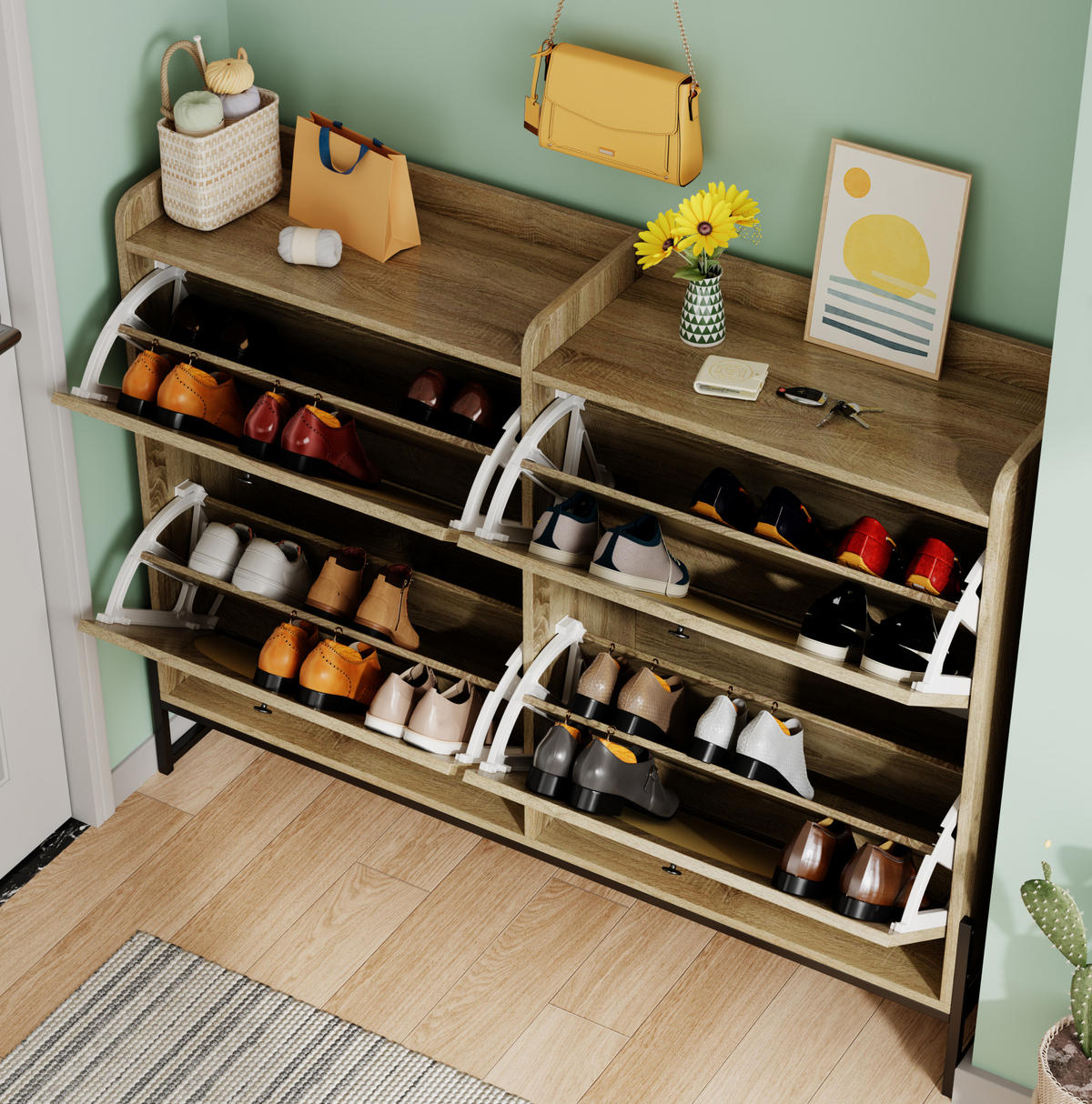 SCHUHSCHRANK 121/25/91,5 cm natur aus Spanplatte mit PE-Rattan und Lüftung - Naturfarben, Holzwerkstoff (118/91.5/25cm) - OKWISH
