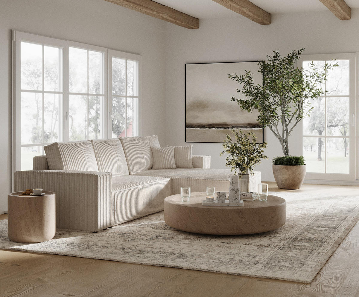 ECKSOFA Maze Creme Plüschstoff - Rechts Seite - Creme/Schwarz, Holz/Holzwerkstoff (294/185cm) - Maison de Reve