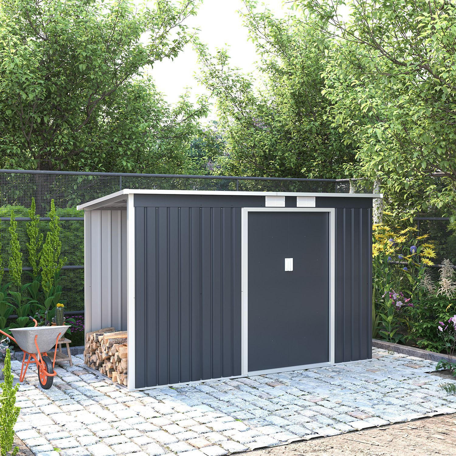 HOLZUNTERSTAND für Metall Geräteschuppen M links - Dunkelgrau, Metall (65/171/130cm) - Juskys