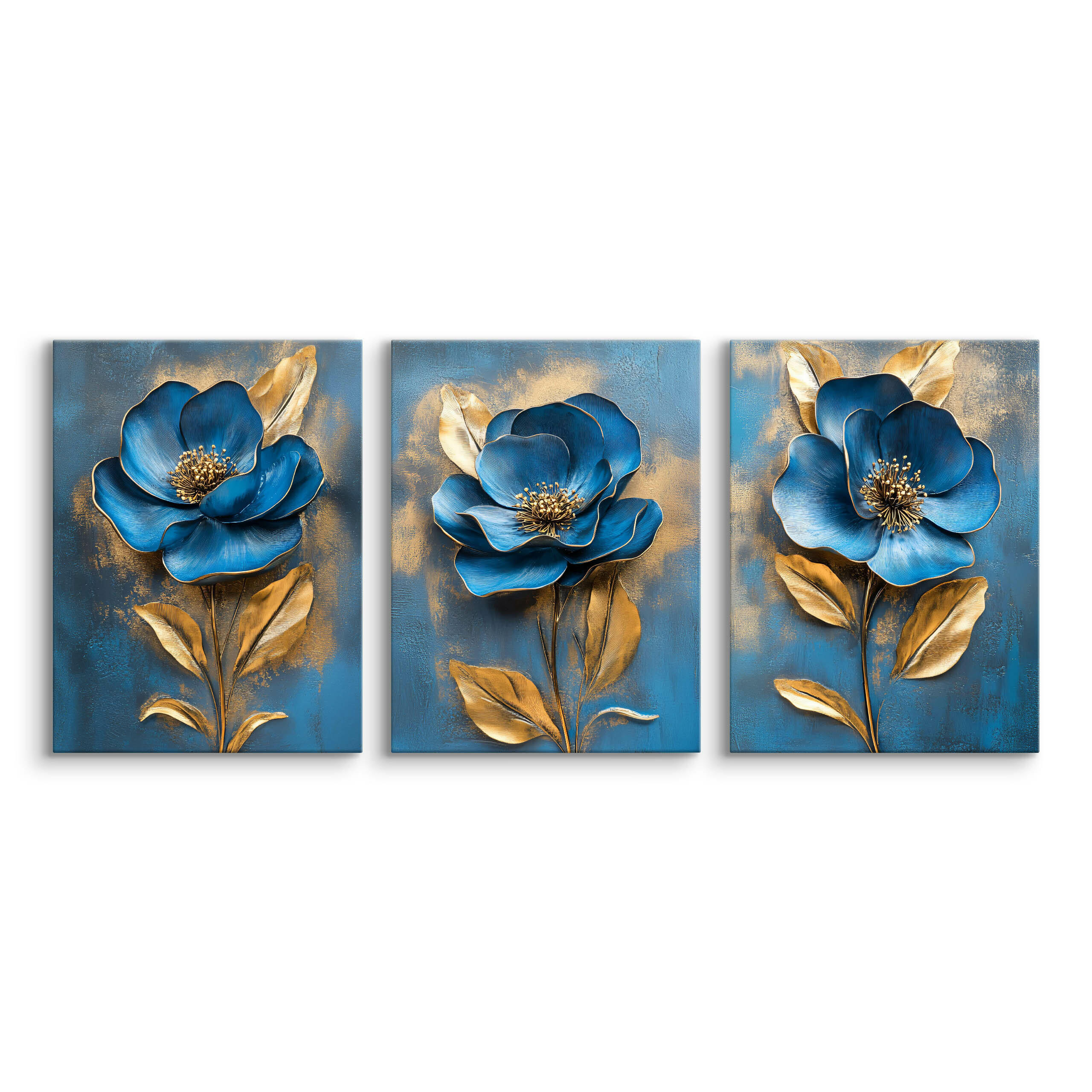 LEINWANDBILDER 3-es Set Blumen 3D Effekt - Blau/Beige, Textil (90/40cm) - Muralo
