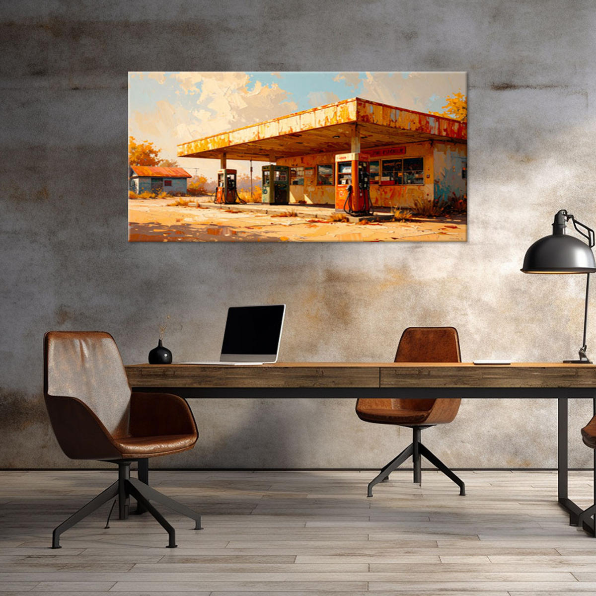 LEINWANDBILD Tankstelle in den USA 120x60cm - Beige, Textil (120/60cm) - Feeby