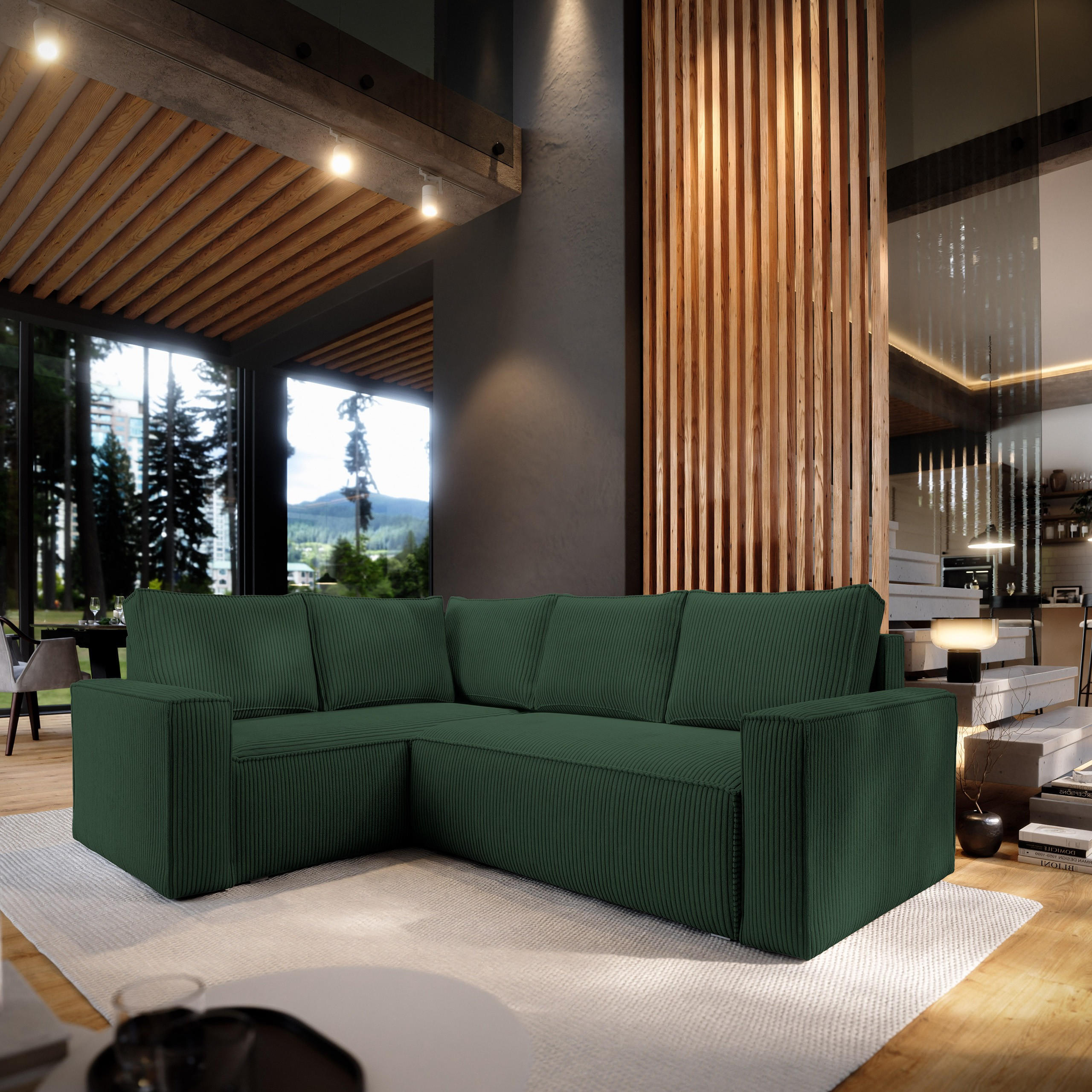 ECKSOFA ESTANO L-S Grün Kordstoff mit Schlaffunktion - Grün, Holz (230/158cm) - MASSENO
