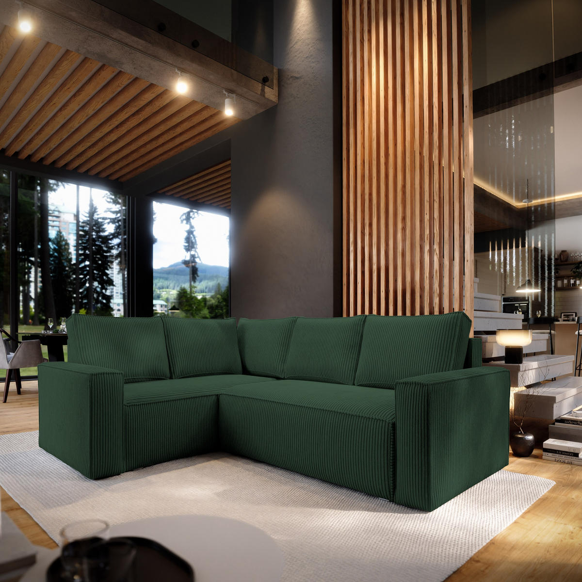 ECKSOFA ESTANO L-S Grün Kordstoff mit Schlaffunktion - Grün, Holz (230/158cm) - MASSENO