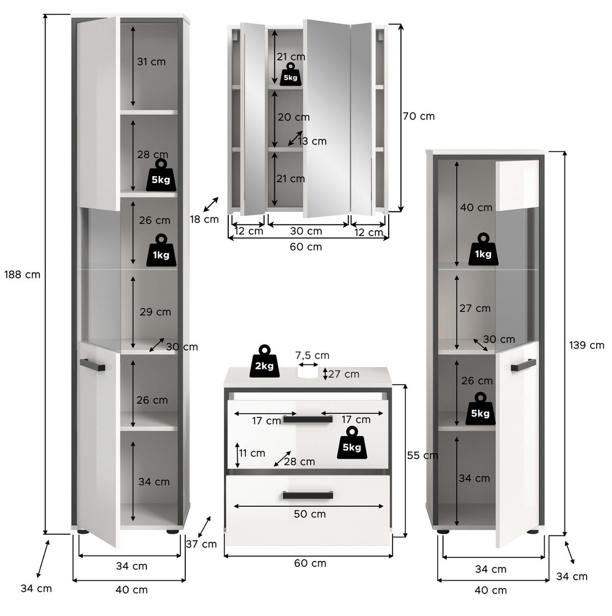 BADMÖBEL-SET weiß Hochglanz, grau 4-teilig 170 x 188 cm, Komplettset mit viel Stauraum - Weiß Hochglanz/Schwarz, Glas/Holzwerkstoff (170/188/37.5cm) - Inn.Furn
