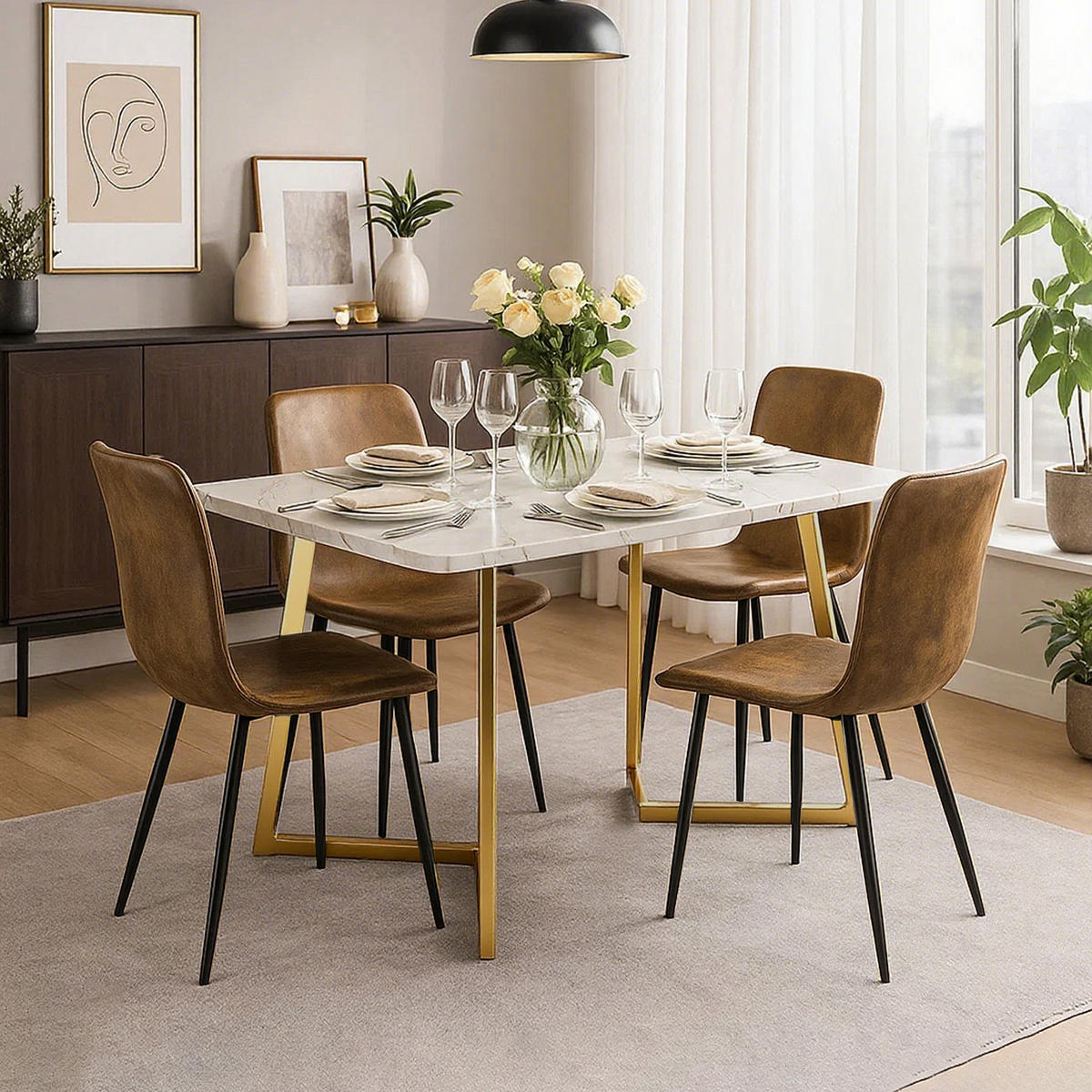 ESSTISCH SET Marmoroptik Weiß mit 4 Stühlen Wildlederoptik Braun - Braun, Holzwerkstoff (117/75/68cm) - Urban Meuble