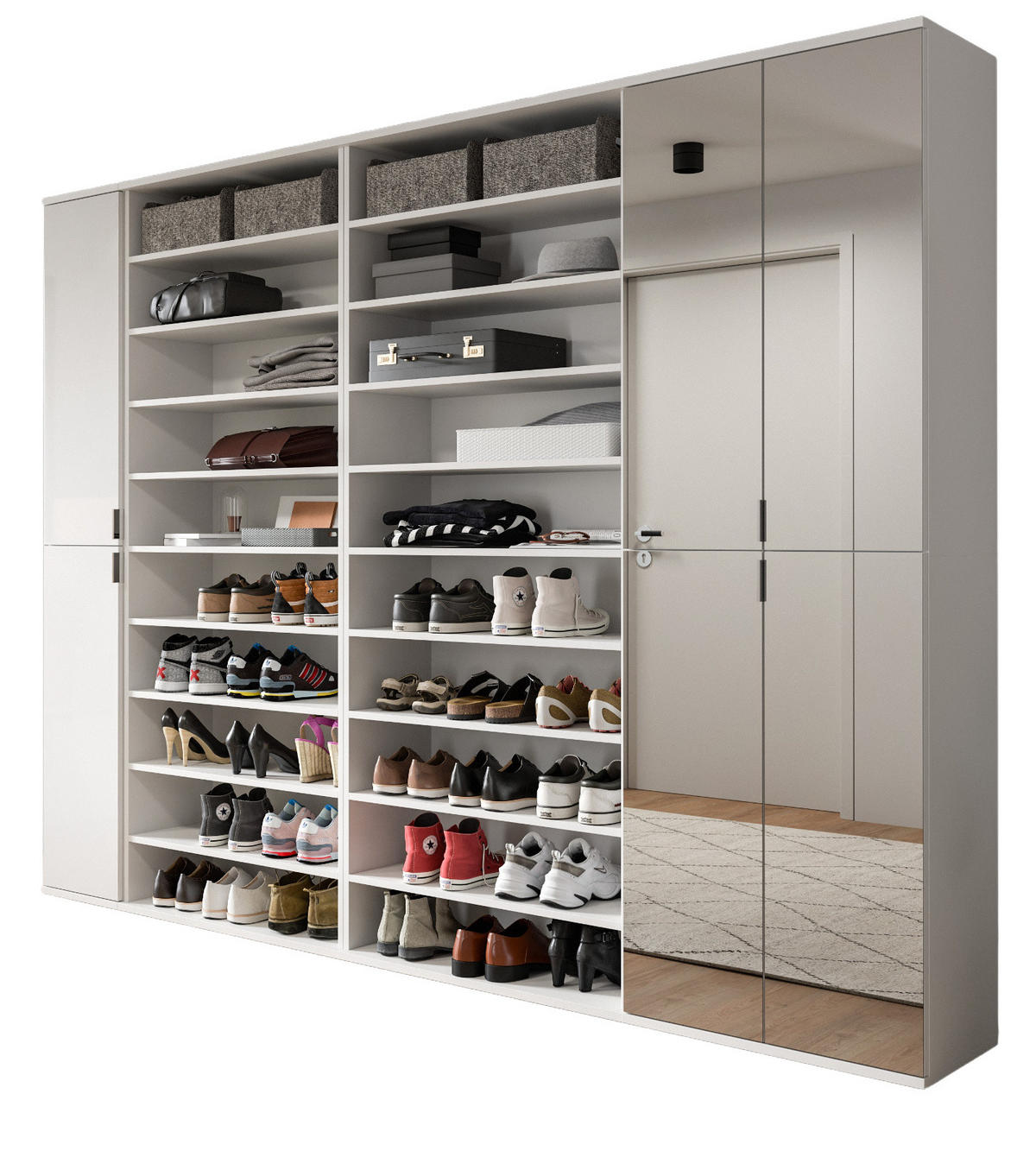GARDEROBENSCHRANK weiß Hochglanz 281 cm, Schuhschrank XXL mit 35 Fächern - Chromfarben/Weiß Hochglanz, Glas/Holzwerkstoff (251/193/34cm) - Inn.Furn