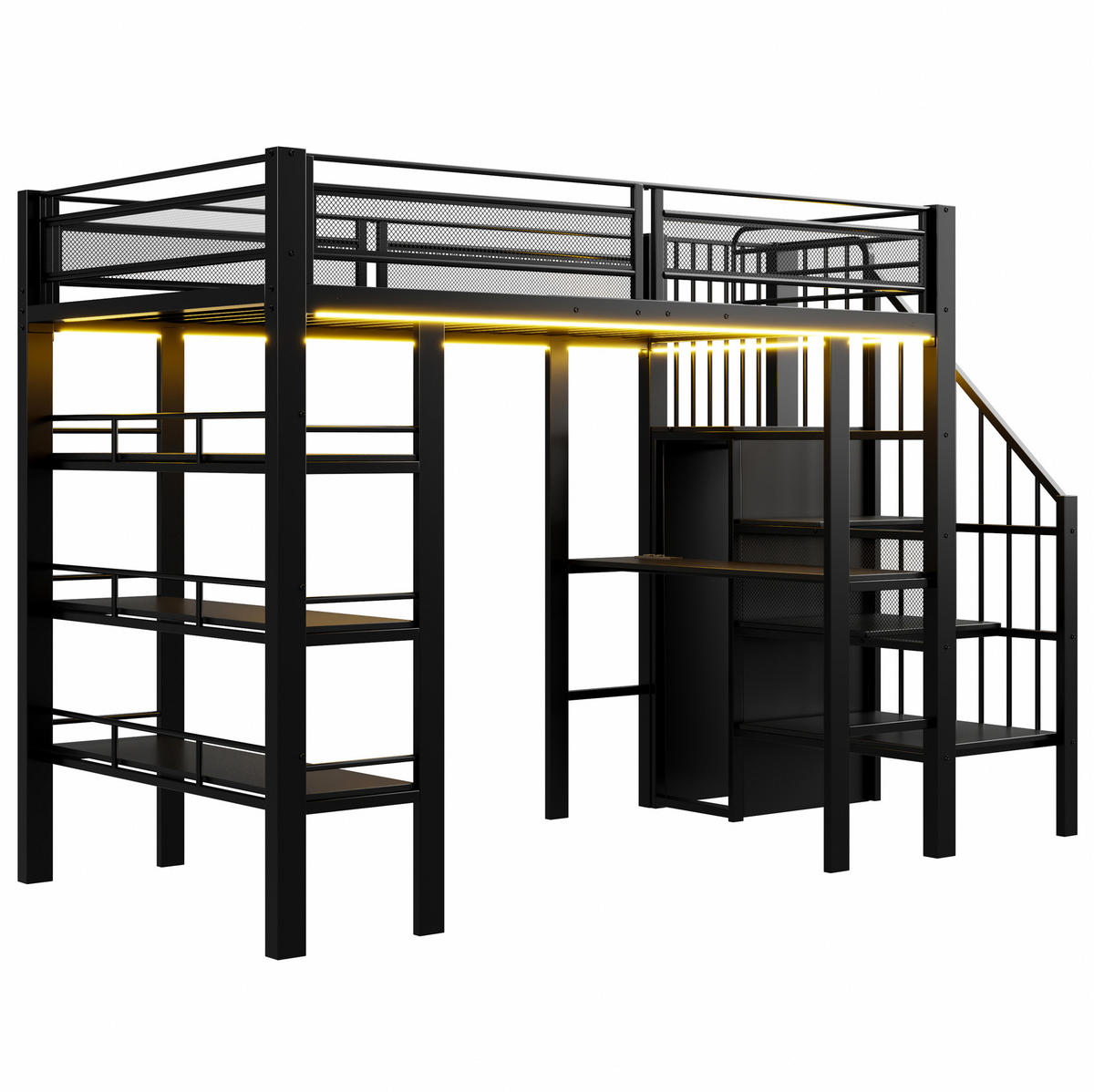 HOCHBETT 90/200 cm mit LED-Lichtleisten, Steckdose, Schreibtisch, Regal und Kleiderschrank, Schwarz - Schwarz, Holzwerkstoff (90/200cm) - Redom