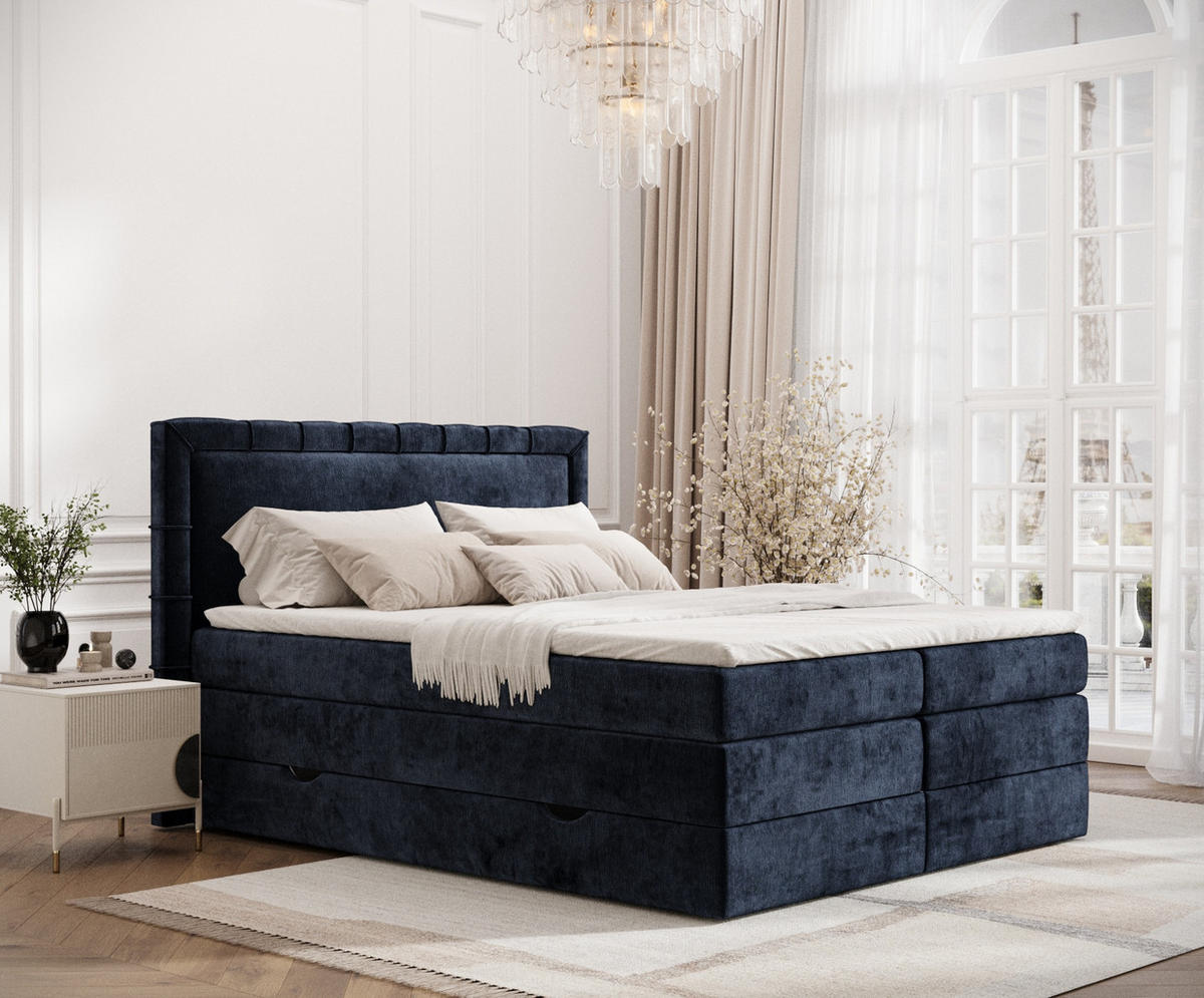BOXSPRINGBETT Rosabel Marineblau 140/200 cm mit Matratze und Topper - Schwarz/Dunkelblau, Holz/Holzwerkstoff (140/200cm) - Maison de Reve