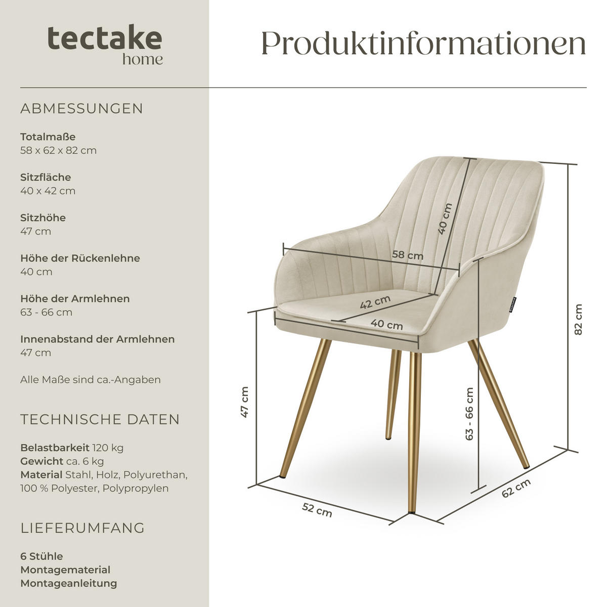 ESSZIMMERSTUHL 6er Set Marilyn 58 x 62 x 82 cm creme/gold - Goldfarben/Creme, Kunststoff (58/82/62cm) - tectake
