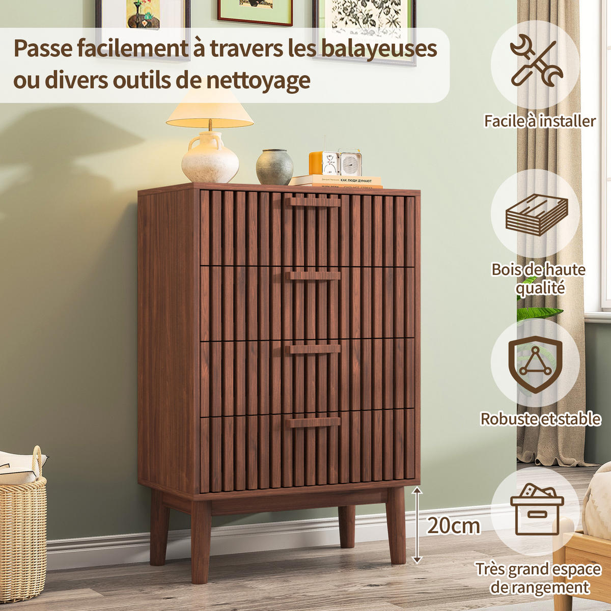 KOMMODE 60x34x91 cm 4 Schubladen Holzgriffe Stauraum Walnussoptik - Braun, Holz (34/91/60cm) - Fortuna Lai