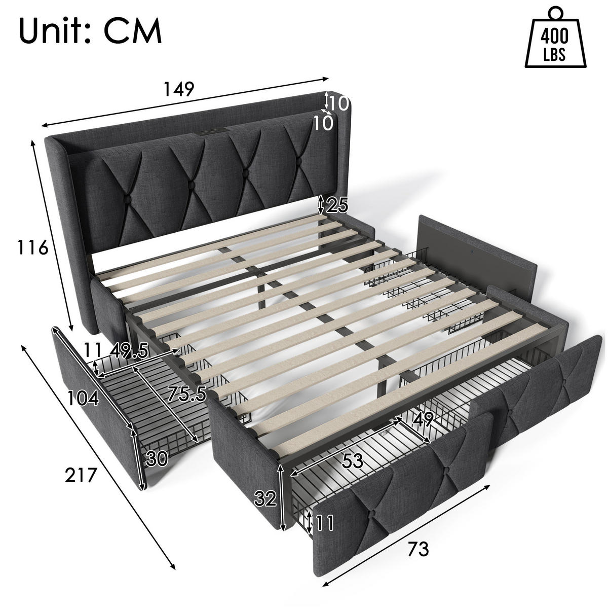 ČALOUNĚNÁ postel 140/200 cm šedá z lnu s USB nabíjením, zásuvkami a 4 zásuvkami - šedá, textil (140/200cm) - OKWISH