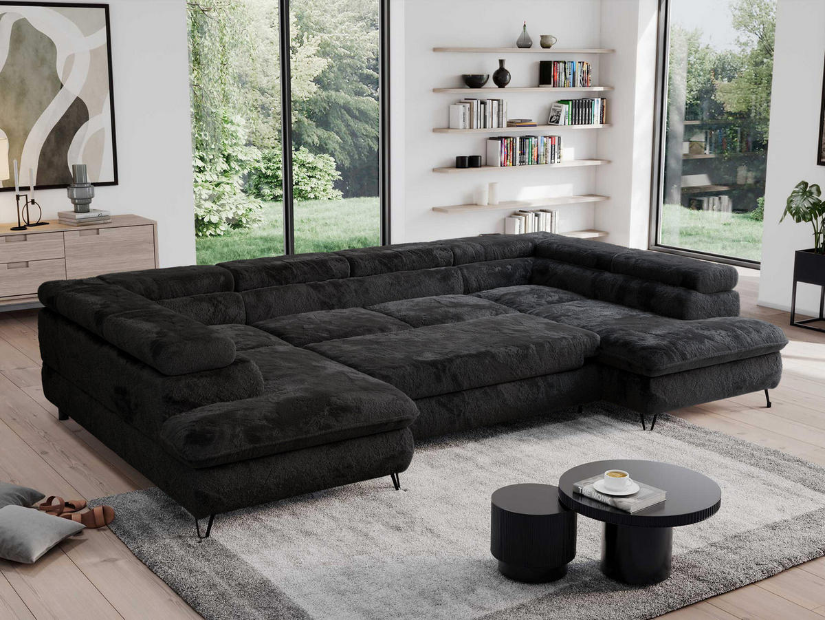 WOHNLANDSCHAFT PEDRO U Plüsch Schwarz - Schwarz, Textil/Metall (346/76/208cm) - MKS
