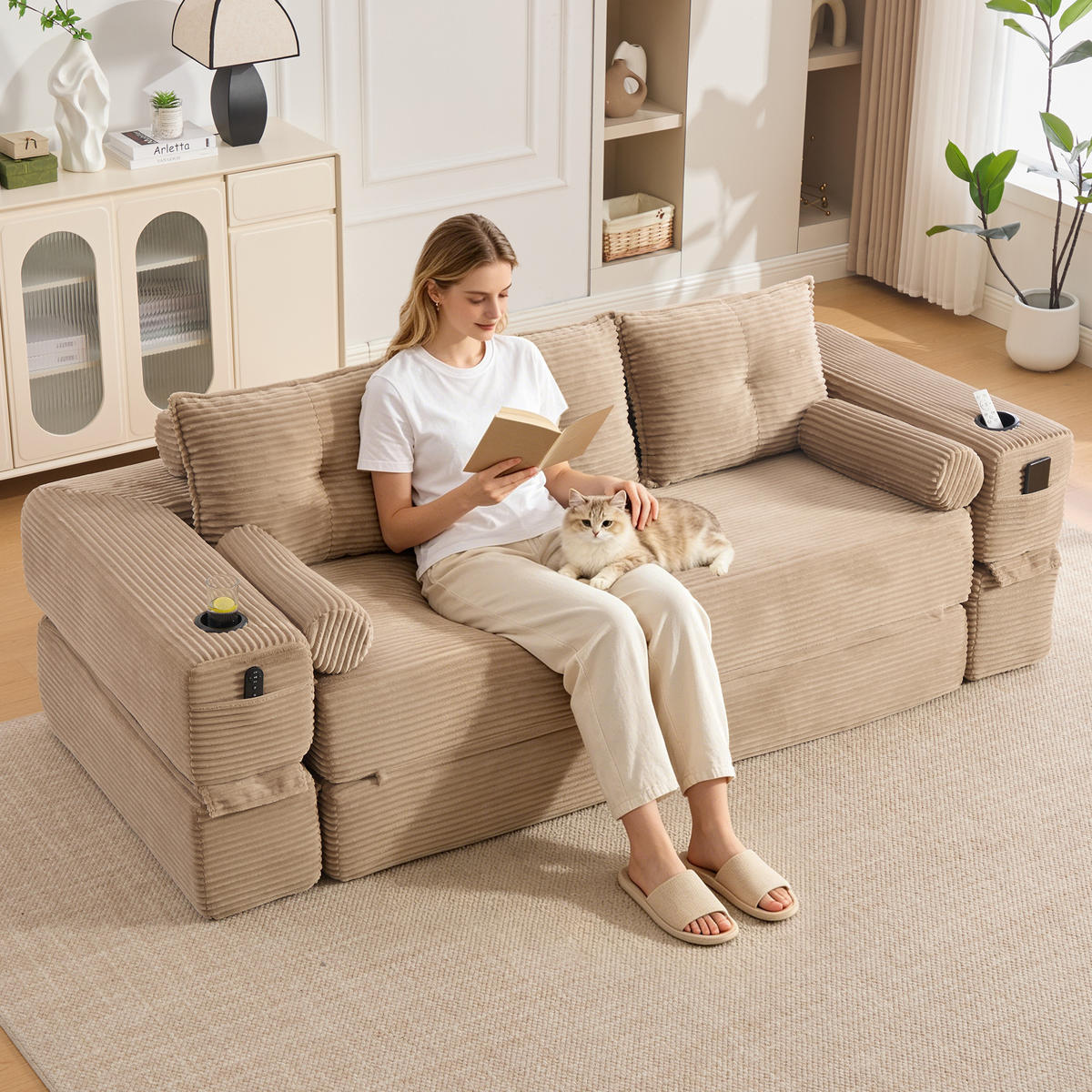 SCHLAFSOFA, 2-in-1 Klappsofa mit Getränkehalter, Modulares Bodensofa Cordstoff, Khaki - Hellbraun, Textil (232/80/98cm) - LVHOM