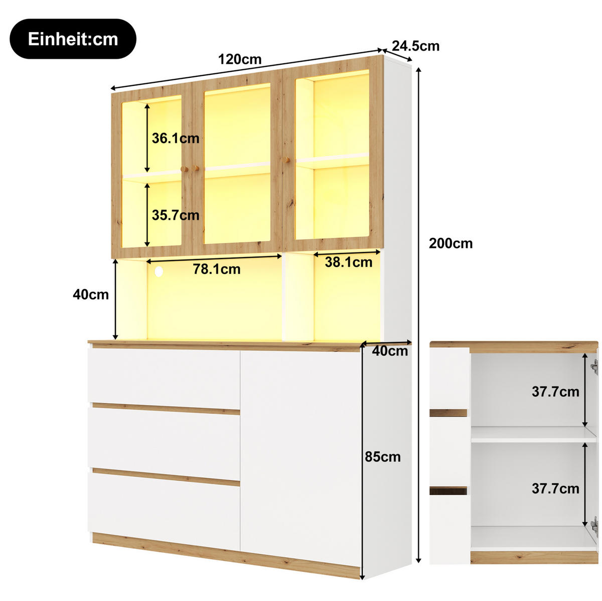 VITRINE aus MDF 120x200cm in Weiß mit LED-Beleuchtung - Weiß, Holzwerkstoff (120/200/24.5cm) - Modfu