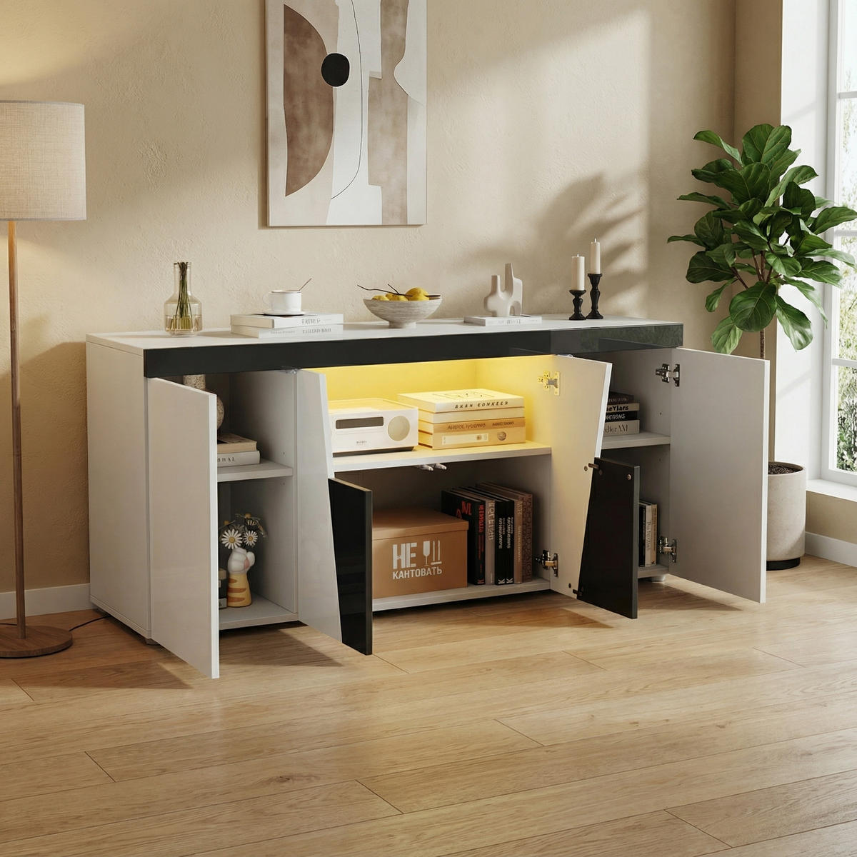 SIDEBOARD in Weiß & Schwarz mit App-LED-Lichtleiste - Weiß, Holzwerkstoff (140/65/40cm) - Urban Meuble