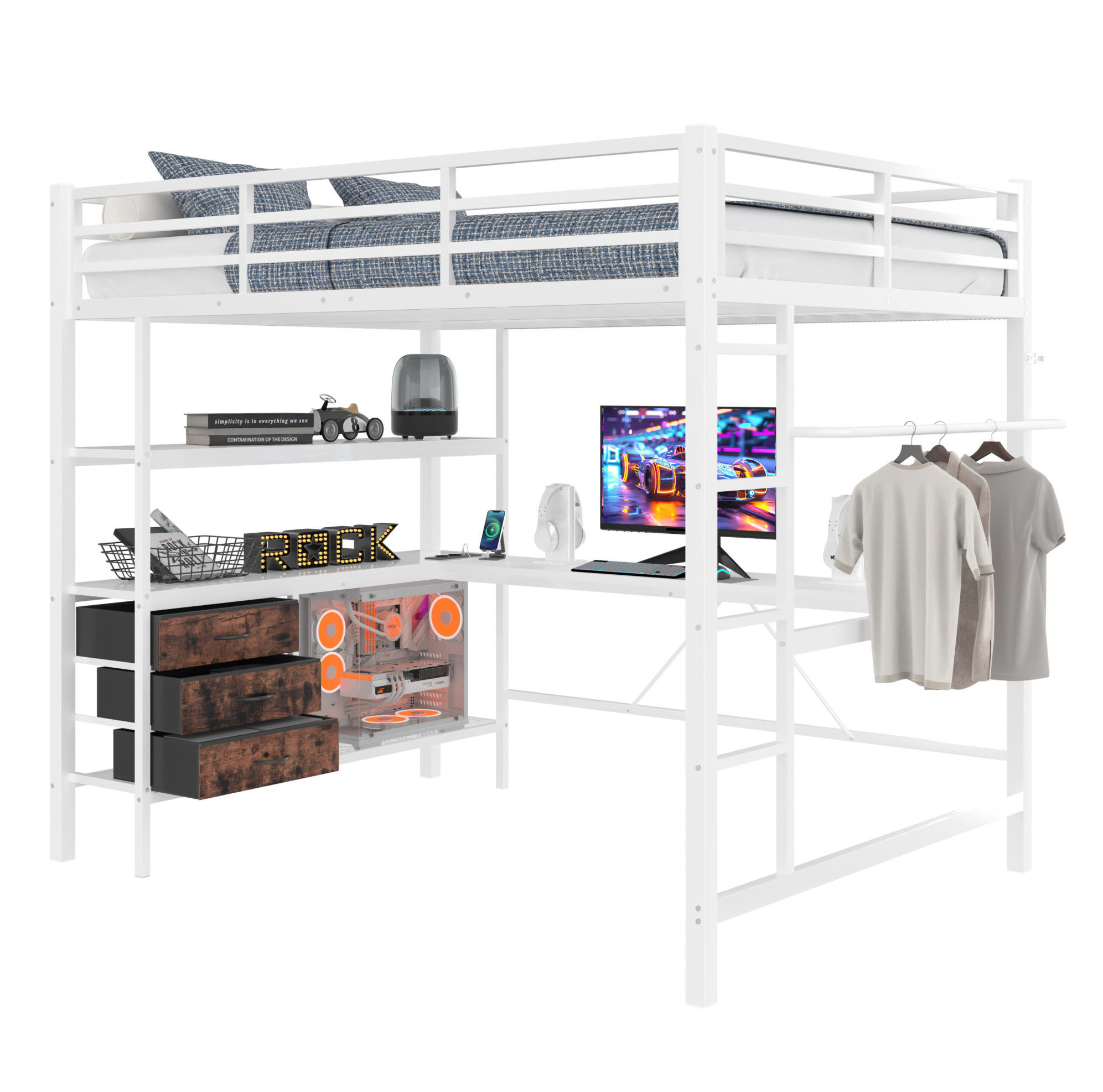 HOCHBETT 140/200 cm Weiß aus Metall und MDF mit Schreibtisch - Weiß, Metall (140/200cm) - OKMYHOME