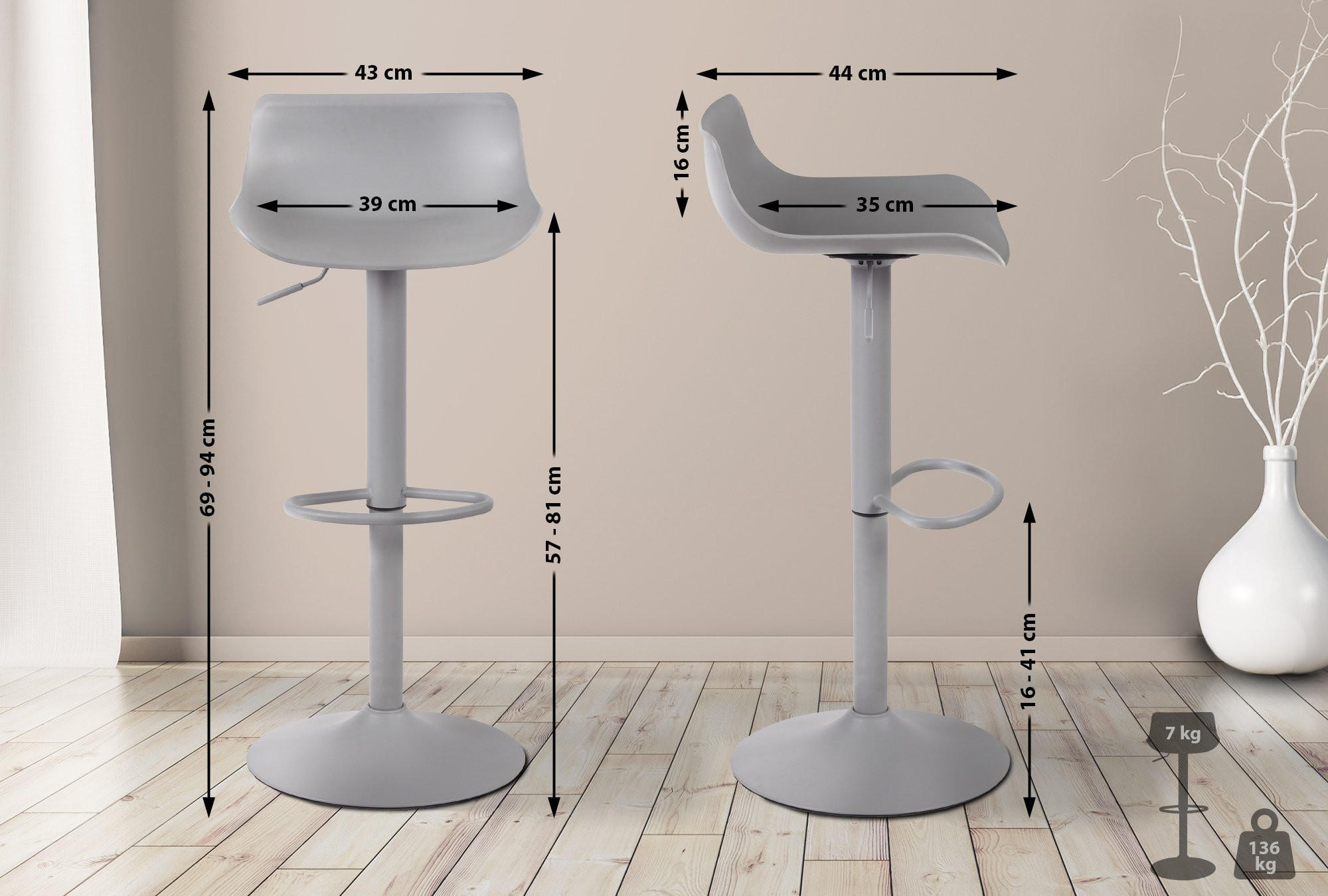 BARHOCKER 4er Set Kunststoff Grau - Grau, Kunststoff/Metall (43/69/44cm) - CLP