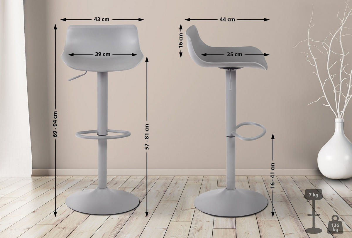 BARHOCKER Kunststoff grau - Grau, Kunststoff/Metall (43/69/44cm) - CLP