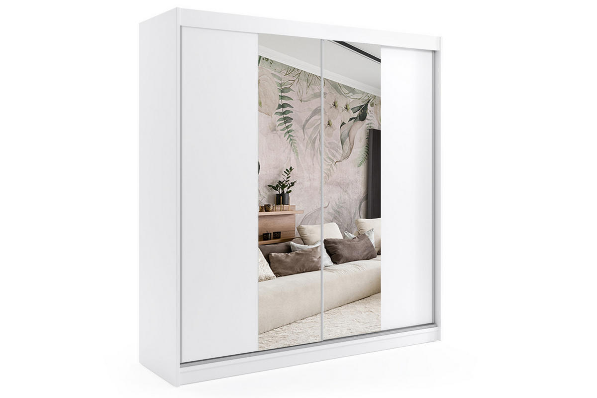 KLEIDERSCHRANK mit Spiegel-Schiebetüren und Aluminium-Leisten - LUZO - 200 cm Weiß - Weiß, Holzwerkstoff (200/216/61cm) - ALTDECOR