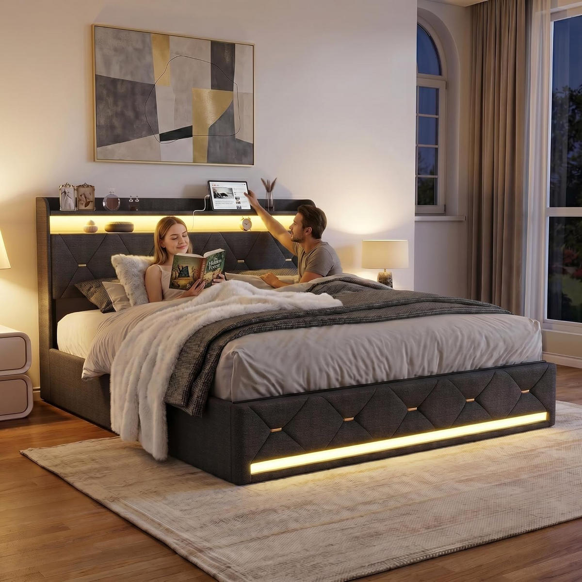 POLSTERBETT 140/200 cm Grau, Doppelbett mit Bettkasten, RGB-LED und USB - Grau, Holz/Textil (140/200cm) - PARAFTA HOME