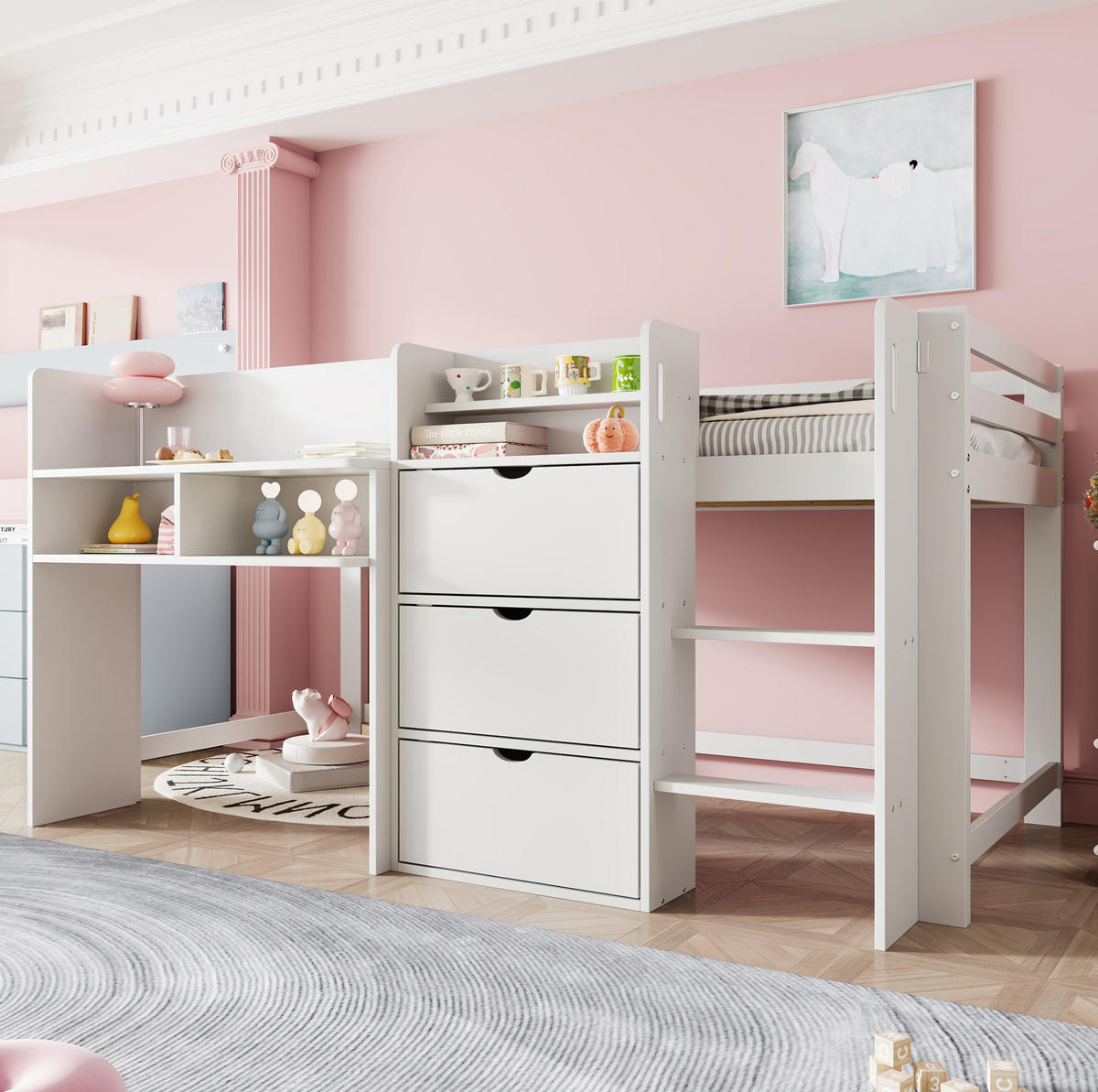 VISOKI krevet 90/200 cm s velikim spremištem, sigurnosnom ogradom i stabilnim ljestvama, Bijela - bijela, drvo (90/200cm) - Redom