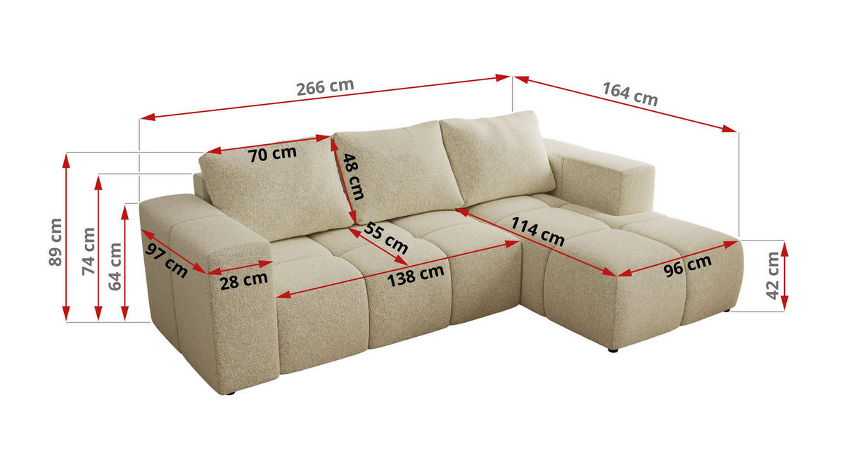 ROHOVÁ SEDAČKA MONIVA L - Krémová Strukturovaná látka - Levá Strana - černá/krémová, textil/plast (164/266cm) - MKS