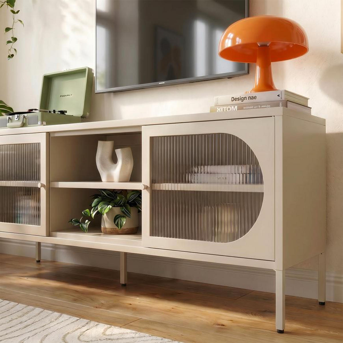 TV-LOWBOARD Industrielles aus beigem Metall, 160 cm, 2 Türen aus geriffeltem Glas - COME - Beige, Metall (160/60/40cm) - Sicaan